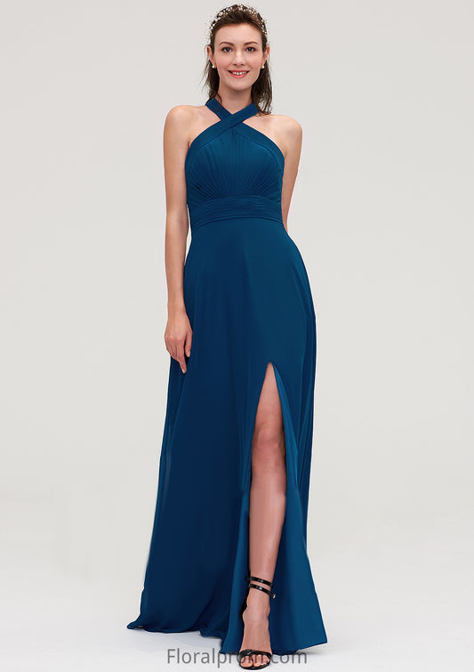 Scalloped Neck Sleeveless A-line/Princess Chiffon Long/Floor-Length Bridesmaid Dresseses With Split Pleated Kennedy HJP0025424