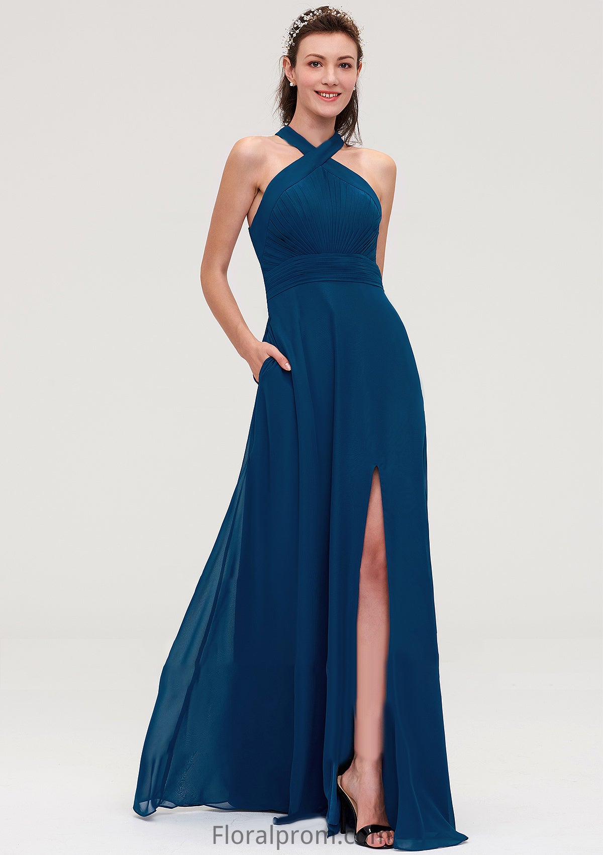 Scalloped Neck Sleeveless A-line/Princess Chiffon Long/Floor-Length Bridesmaid Dresseses With Split Pleated Kennedy HJP0025424