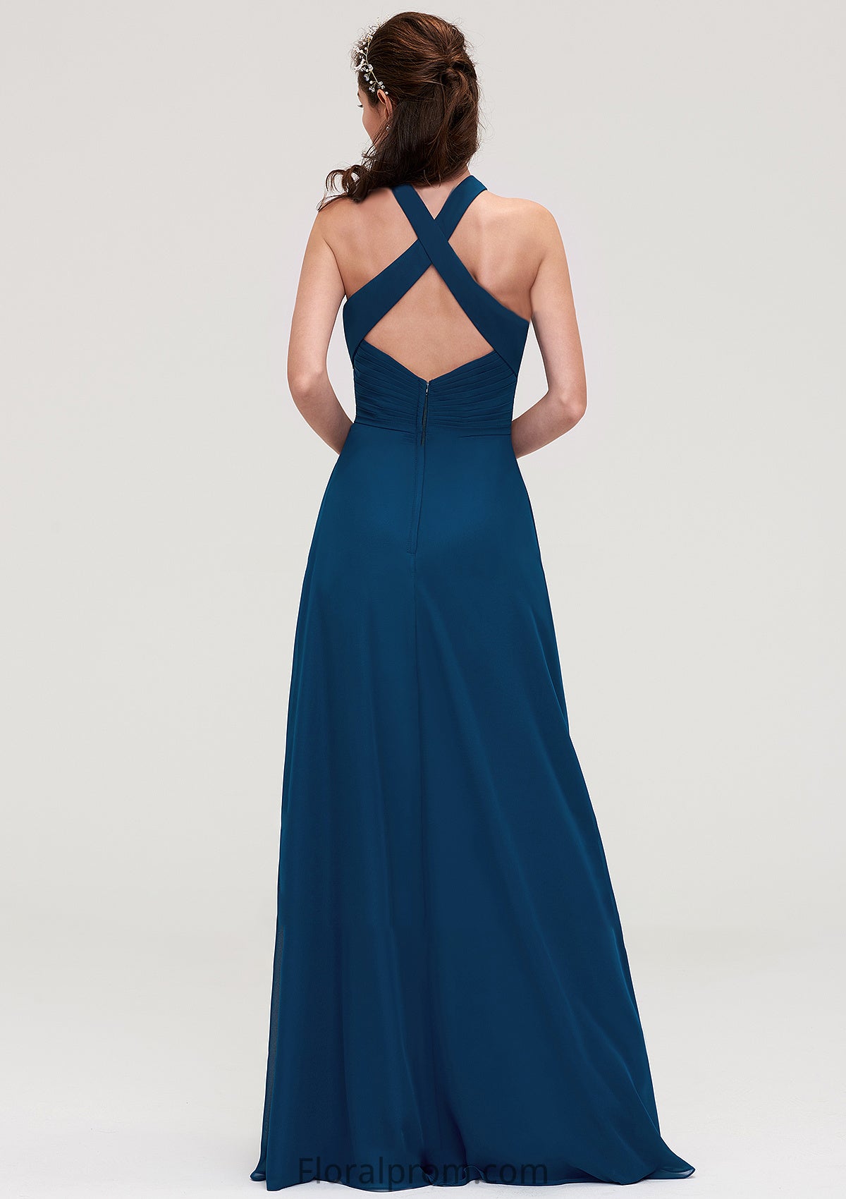 Scalloped Neck Sleeveless A-line/Princess Chiffon Long/Floor-Length Bridesmaid Dresseses With Split Pleated Kennedy HJP0025424