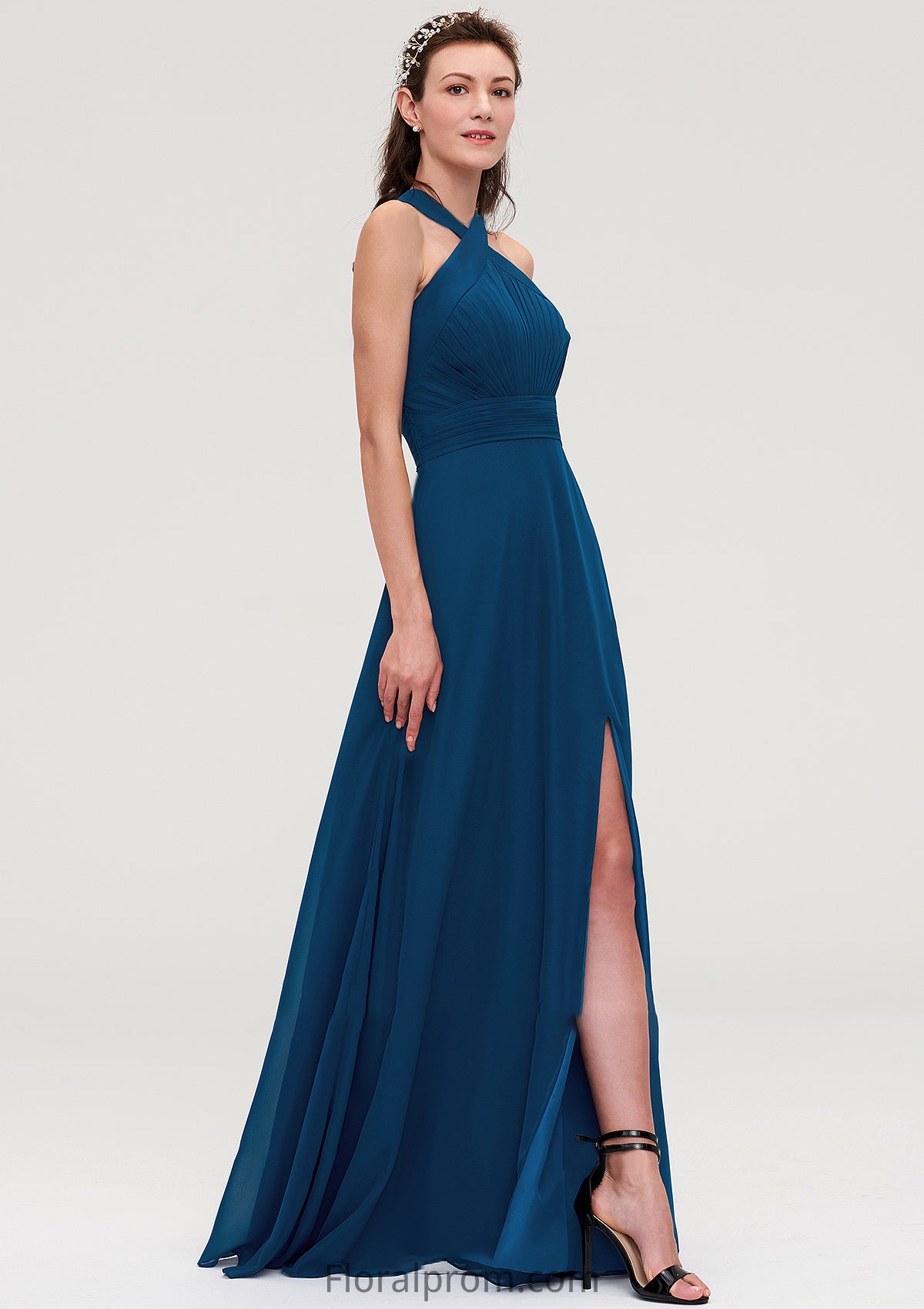 Scalloped Neck Sleeveless A-line/Princess Chiffon Long/Floor-Length Bridesmaid Dresseses With Split Pleated Kennedy HJP0025424