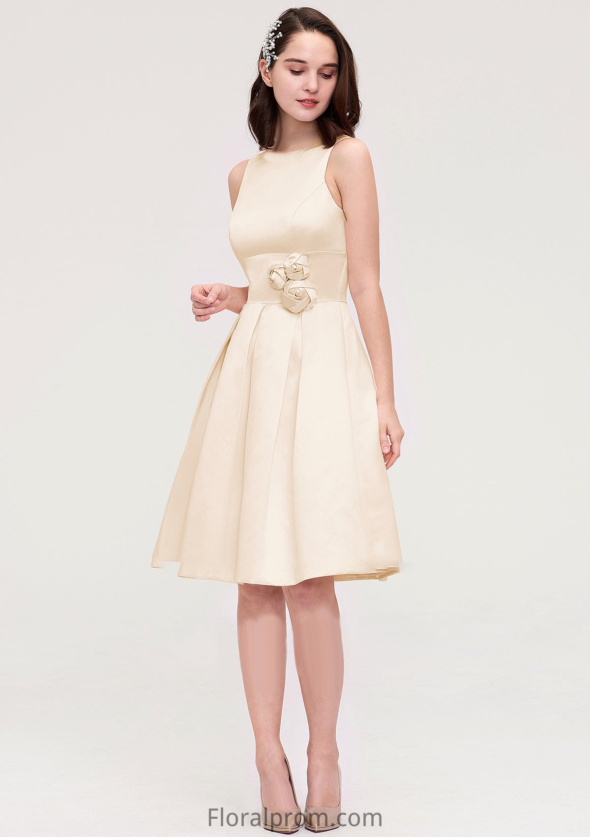 Sleeveless Bateau Knee-Length Satin A-line/Princess Bridesmaid Dresses With Pleated Flowers Mckenna HJP0025425