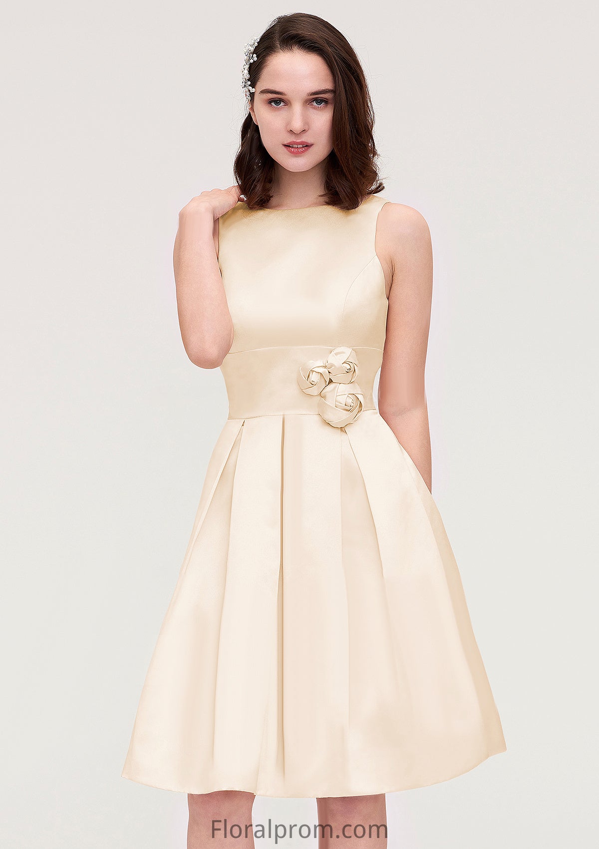 Sleeveless Bateau Knee-Length Satin A-line/Princess Bridesmaid Dresses With Pleated Flowers Mckenna HJP0025425