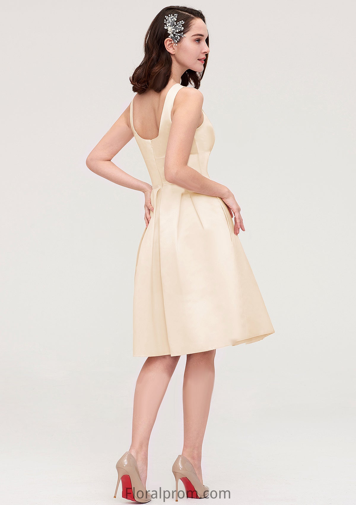 Sleeveless Bateau Knee-Length Satin A-line/Princess Bridesmaid Dresses With Pleated Flowers Mckenna HJP0025425