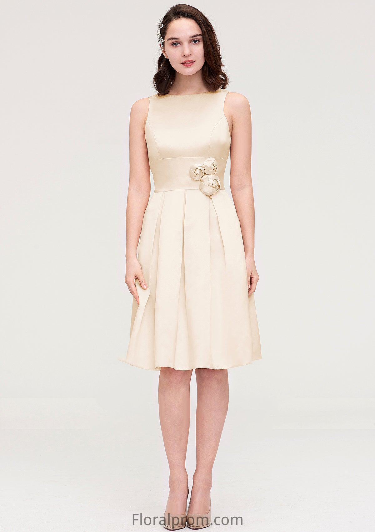 Sleeveless Bateau Knee-Length Satin A-line/Princess Bridesmaid Dresses With Pleated Flowers Mckenna HJP0025425