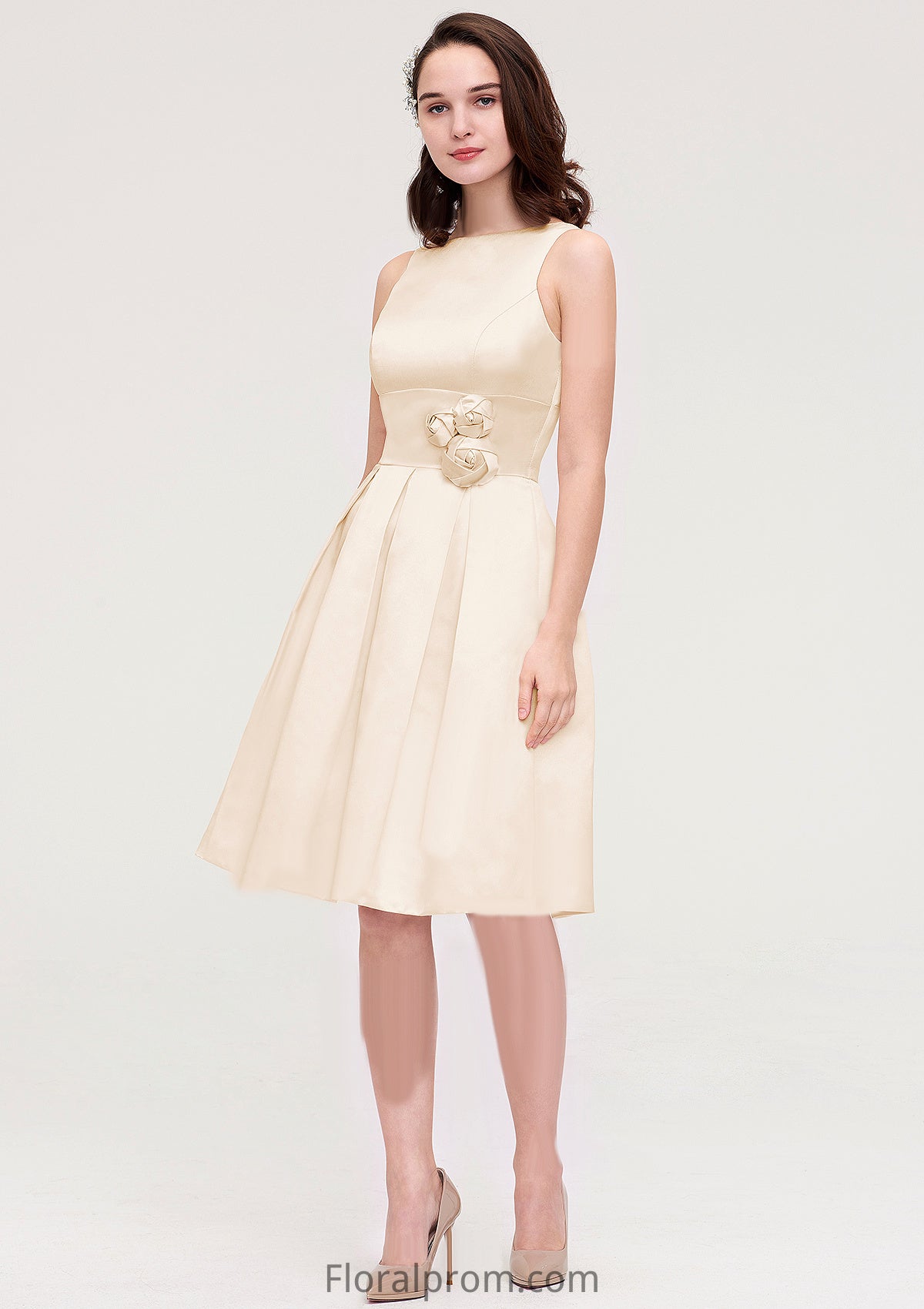 Sleeveless Bateau Knee-Length Satin A-line/Princess Bridesmaid Dresses With Pleated Flowers Mckenna HJP0025425