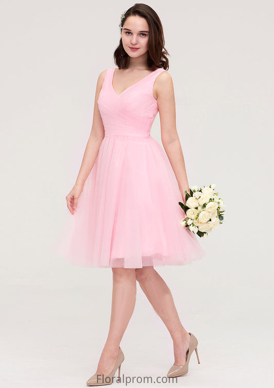 Sleeveless V Neck Knee-Length Tulle A-line/Princess Bridesmaid Dresses With Pleated Carissa HJP0025426