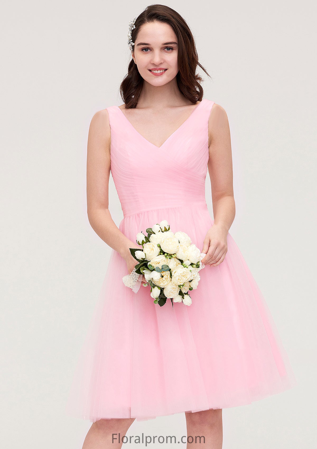 Sleeveless V Neck Knee-Length Tulle A-line/Princess Bridesmaid Dresses With Pleated Carissa HJP0025426