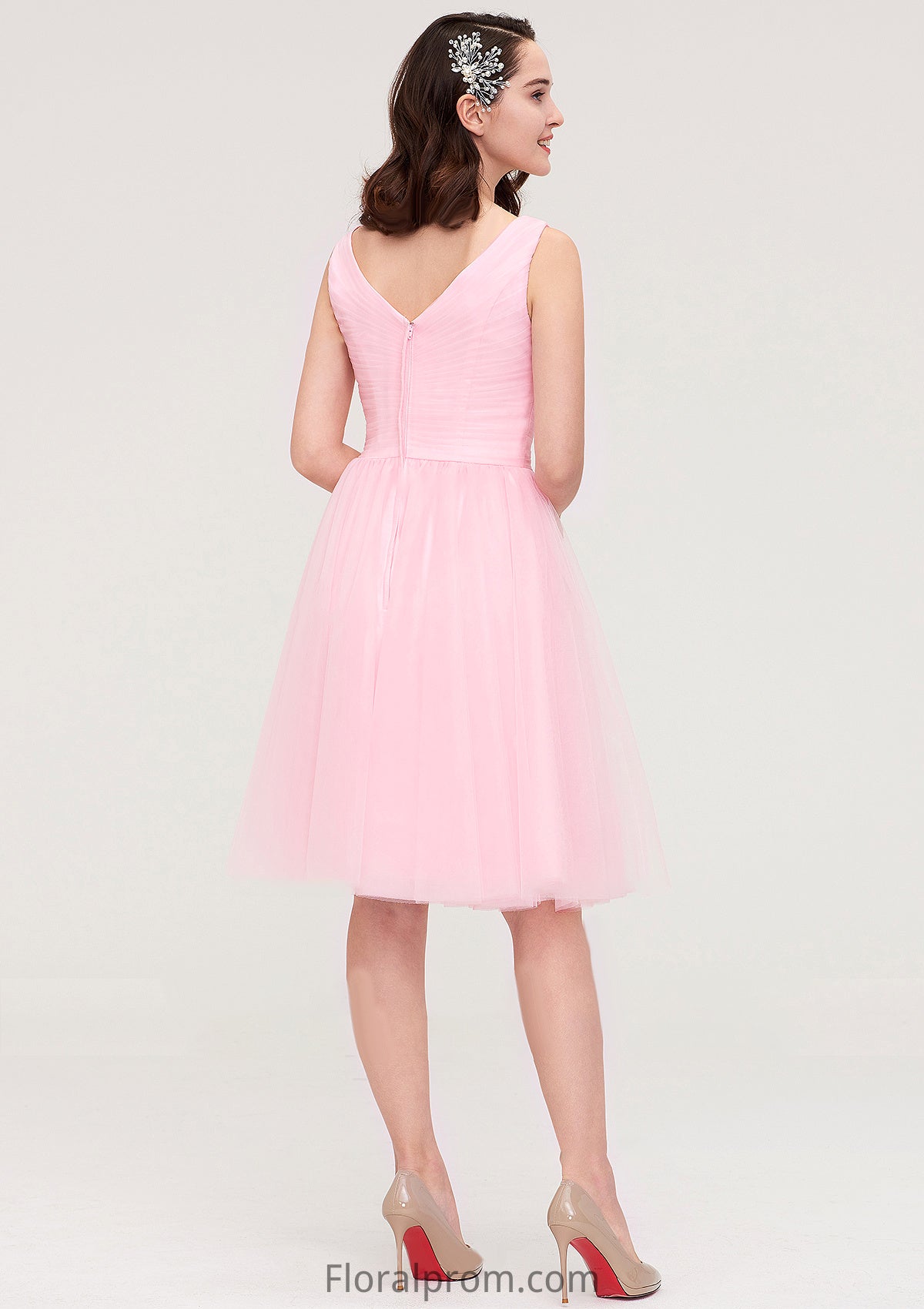 Sleeveless V Neck Knee-Length Tulle A-line/Princess Bridesmaid Dresses With Pleated Carissa HJP0025426