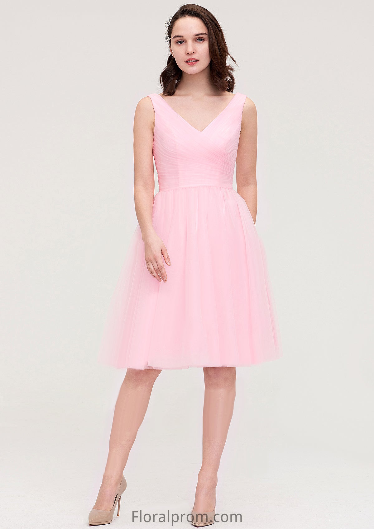 Sleeveless V Neck Knee-Length Tulle A-line/Princess Bridesmaid Dresses With Pleated Carissa HJP0025426