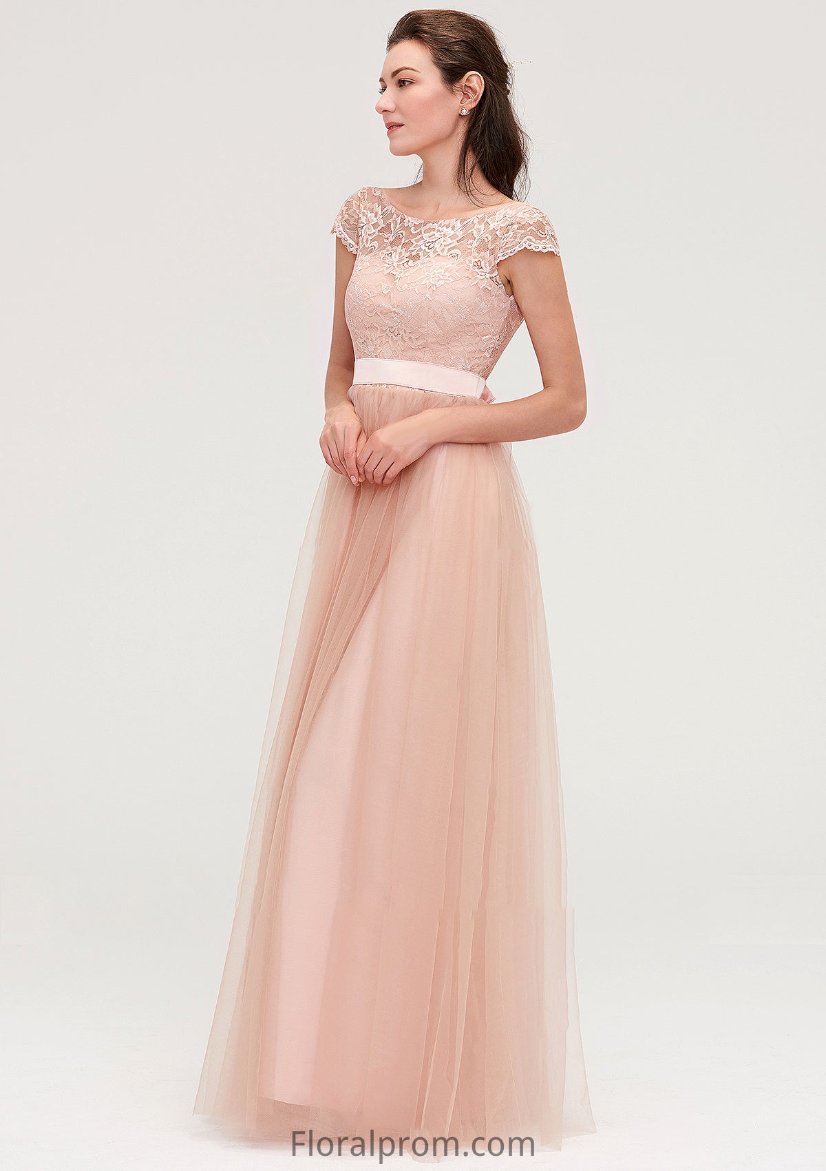 Bateau Sleeveless Tulle A-line/Princess Long/Floor-Length Bridesmaid Dresseses With Sashes Lace Abbie HJP0025427