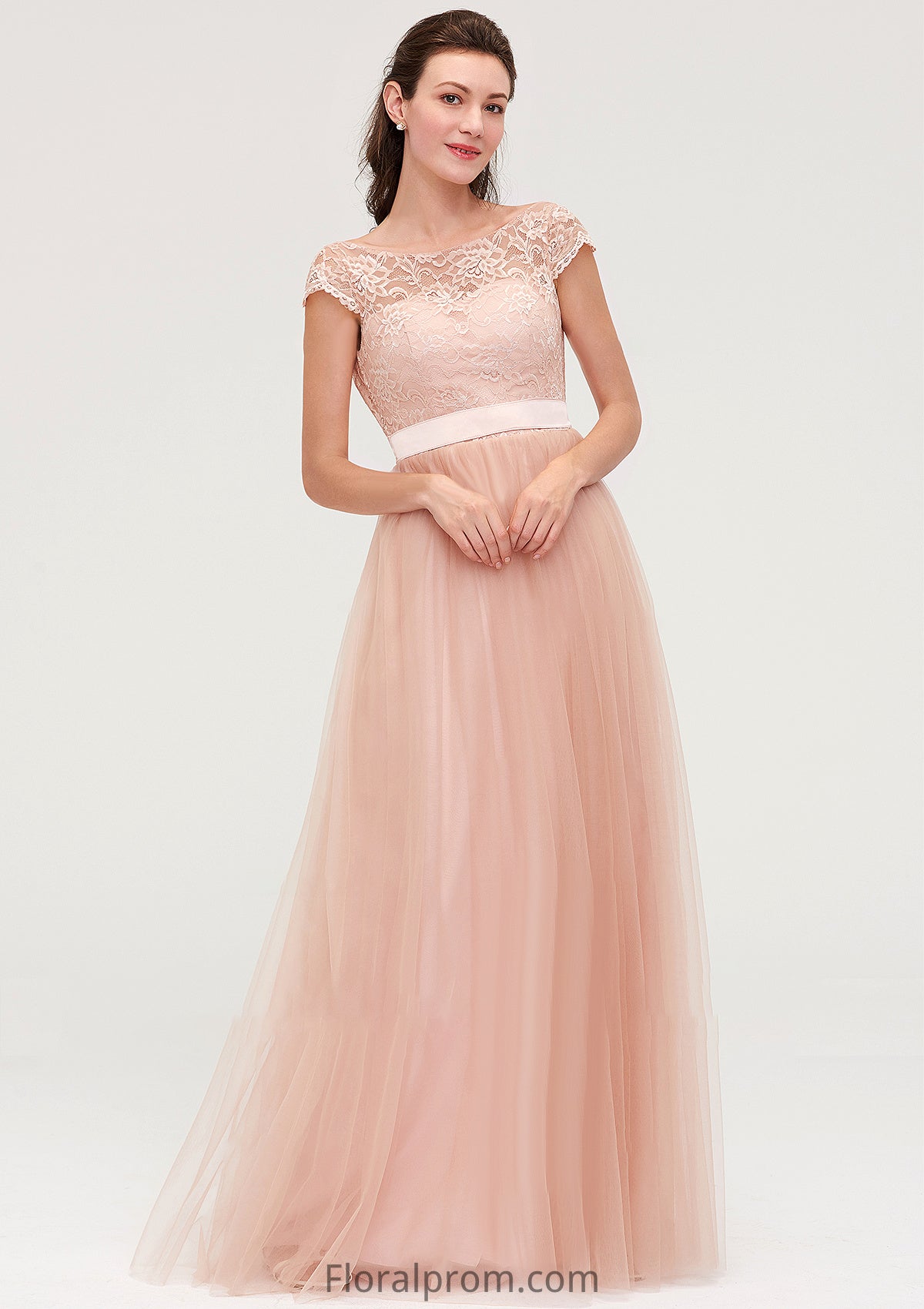 Bateau Sleeveless Tulle A-line/Princess Long/Floor-Length Bridesmaid Dresseses With Sashes Lace Abbie HJP0025427