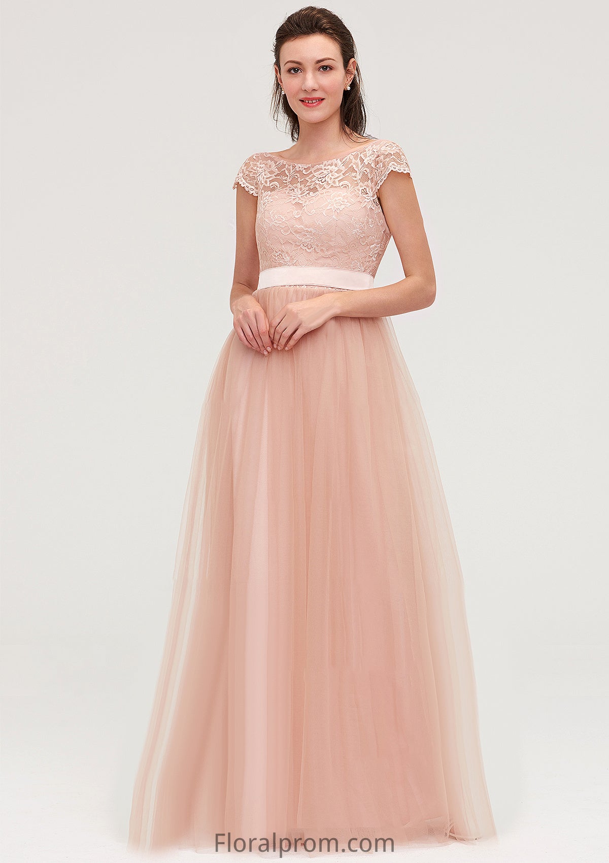 Bateau Sleeveless Tulle A-line/Princess Long/Floor-Length Bridesmaid Dresseses With Sashes Lace Abbie HJP0025427