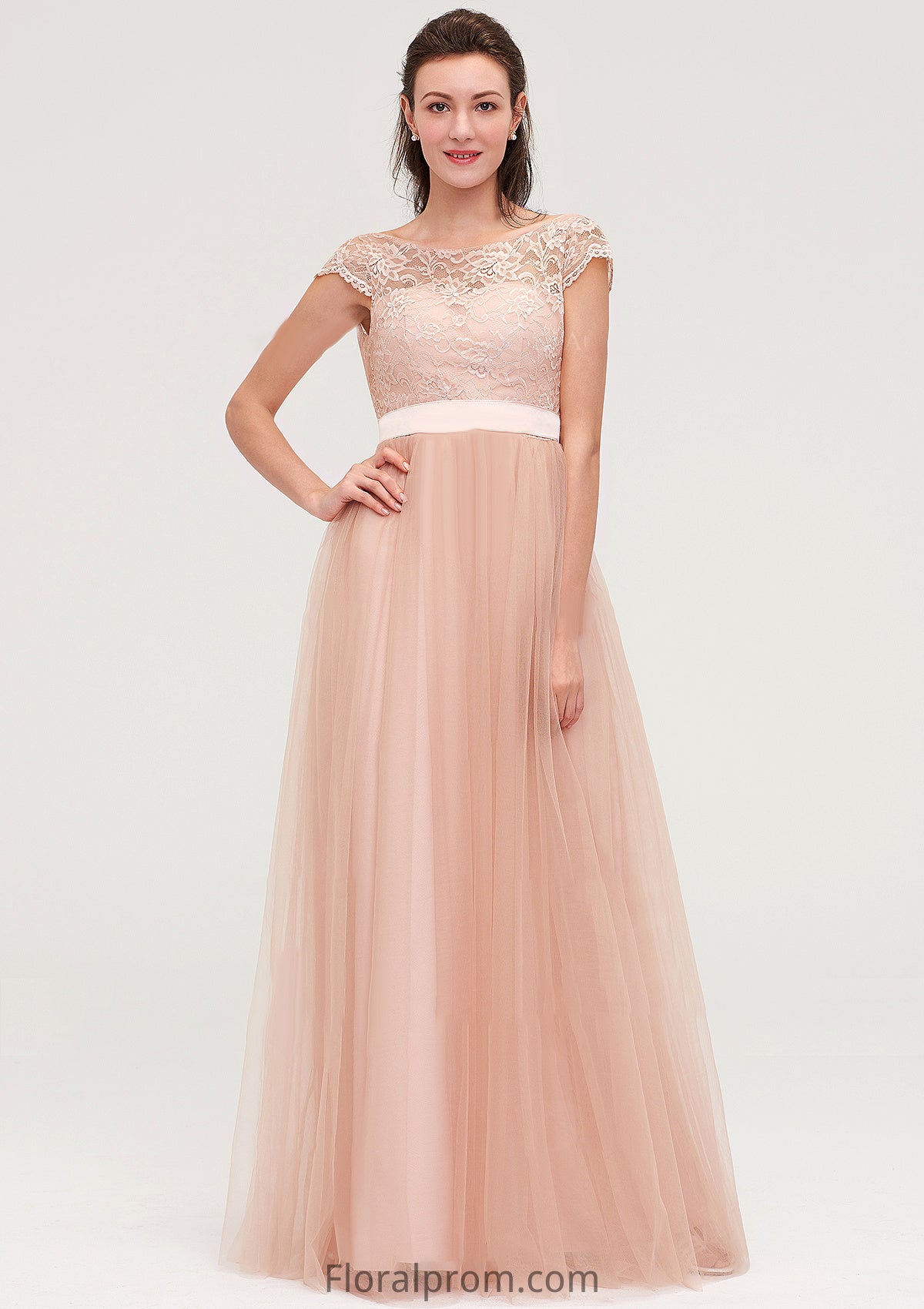 Bateau Sleeveless Tulle A-line/Princess Long/Floor-Length Bridesmaid Dresseses With Sashes Lace Abbie HJP0025427