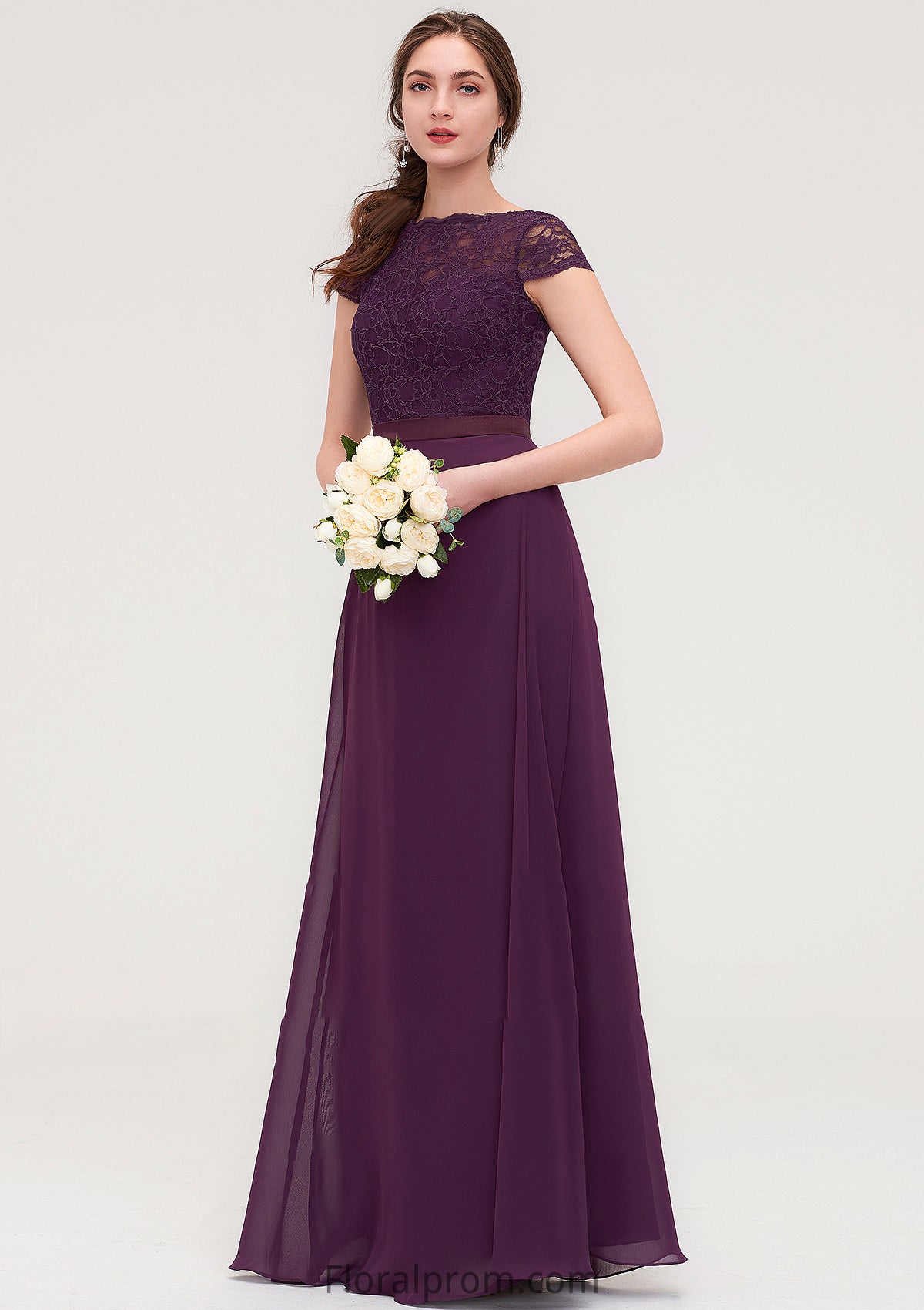 Short Sleeve Bateau Long/Floor-Length  Chiffon A-line/Princess Bridesmaid Dresses With Sashes Lace Alena HJP0025428