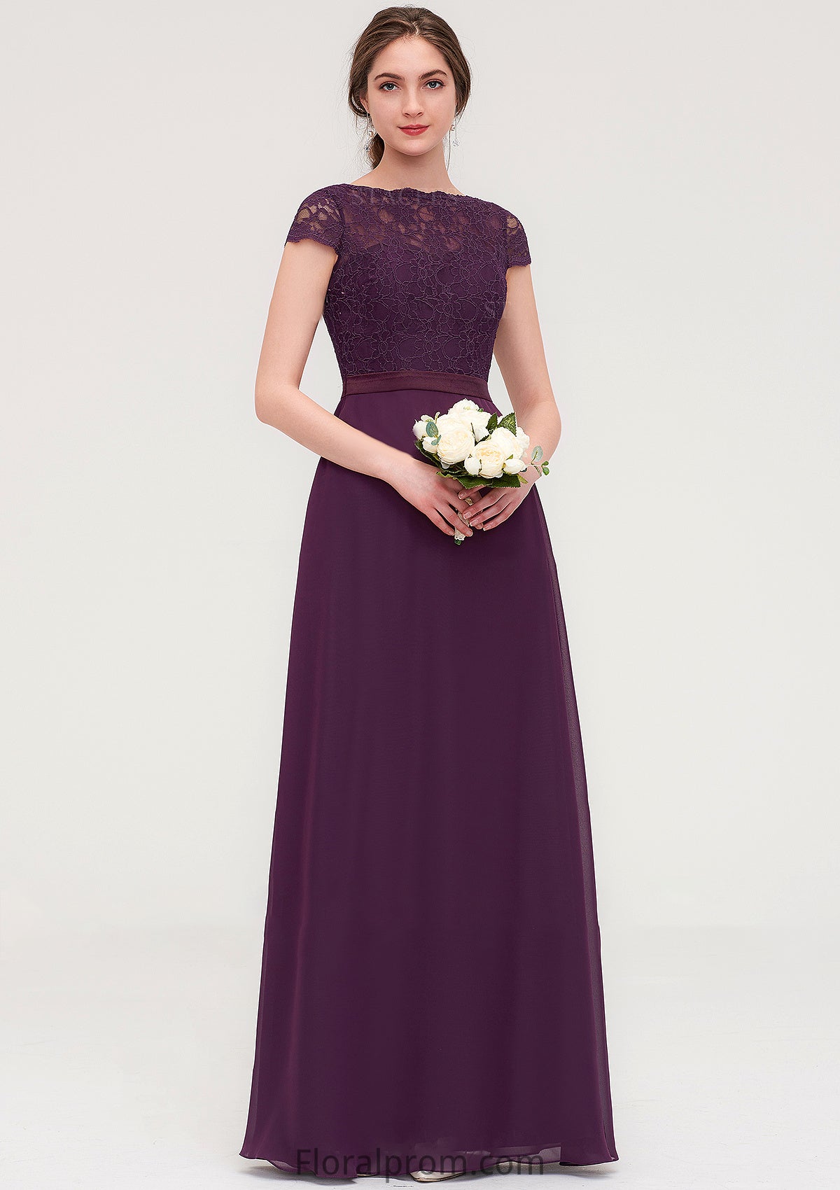 Short Sleeve Bateau Long/Floor-Length  Chiffon A-line/Princess Bridesmaid Dresses With Sashes Lace Alena HJP0025428