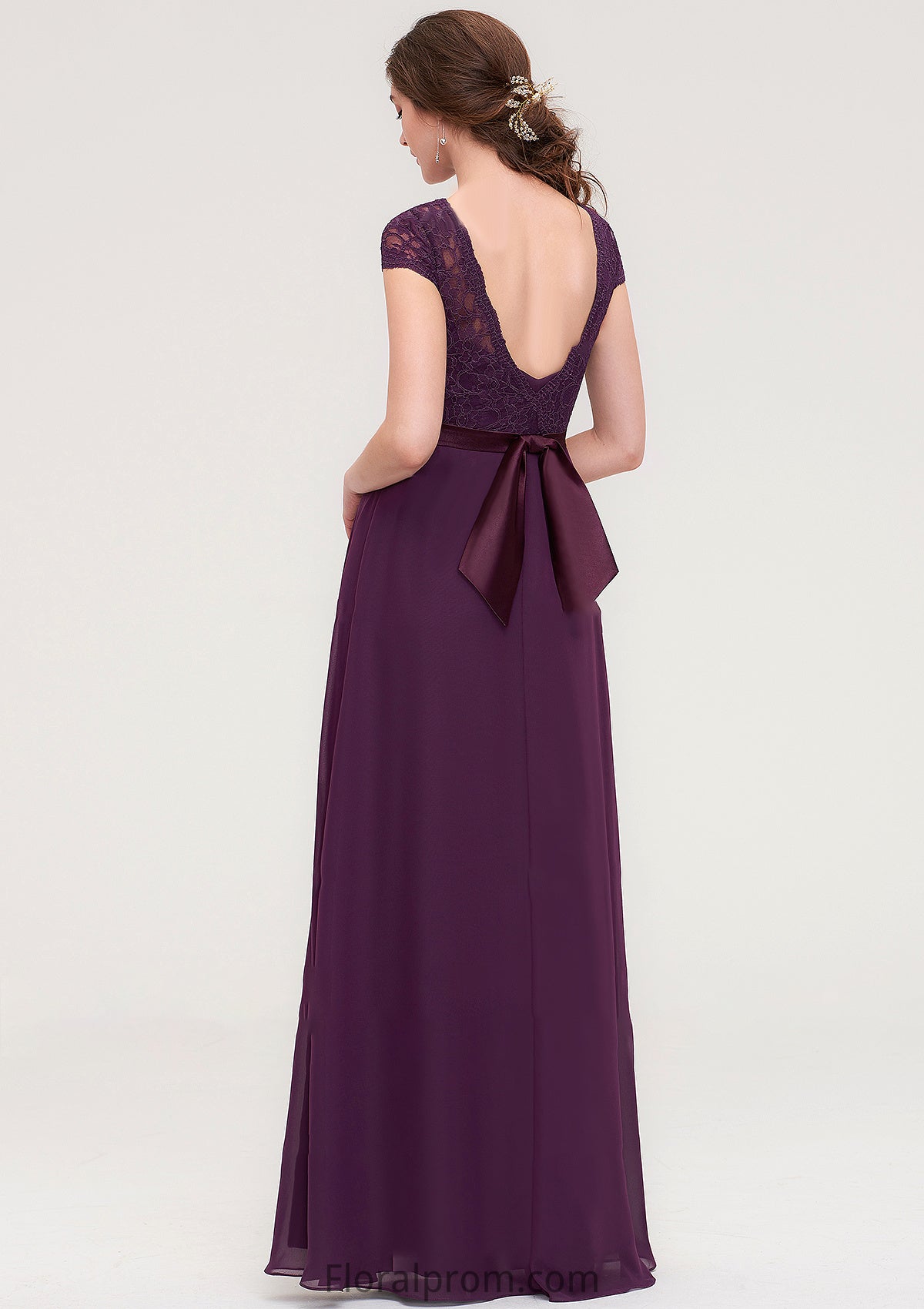 Short Sleeve Bateau Long/Floor-Length  Chiffon A-line/Princess Bridesmaid Dresses With Sashes Lace Alena HJP0025428