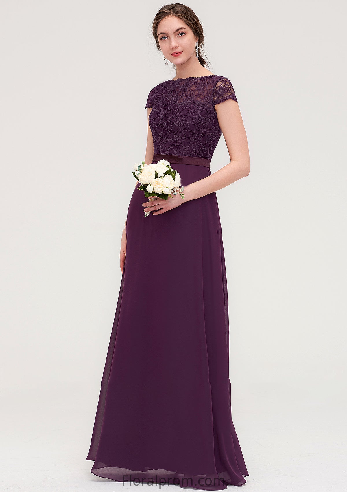 Short Sleeve Bateau Long/Floor-Length  Chiffon A-line/Princess Bridesmaid Dresses With Sashes Lace Alena HJP0025428