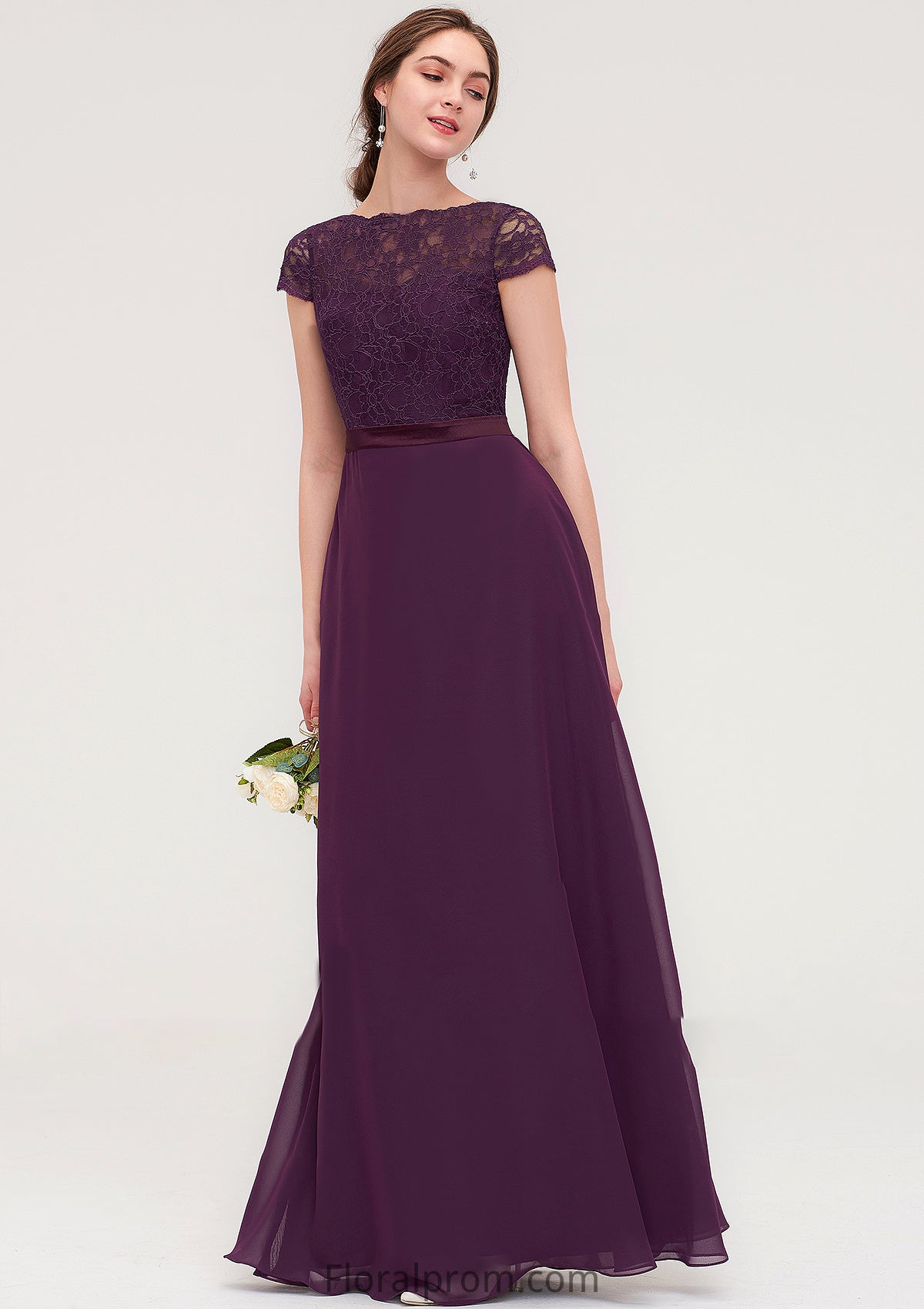 Short Sleeve Bateau Long/Floor-Length  Chiffon A-line/Princess Bridesmaid Dresses With Sashes Lace Alena HJP0025428