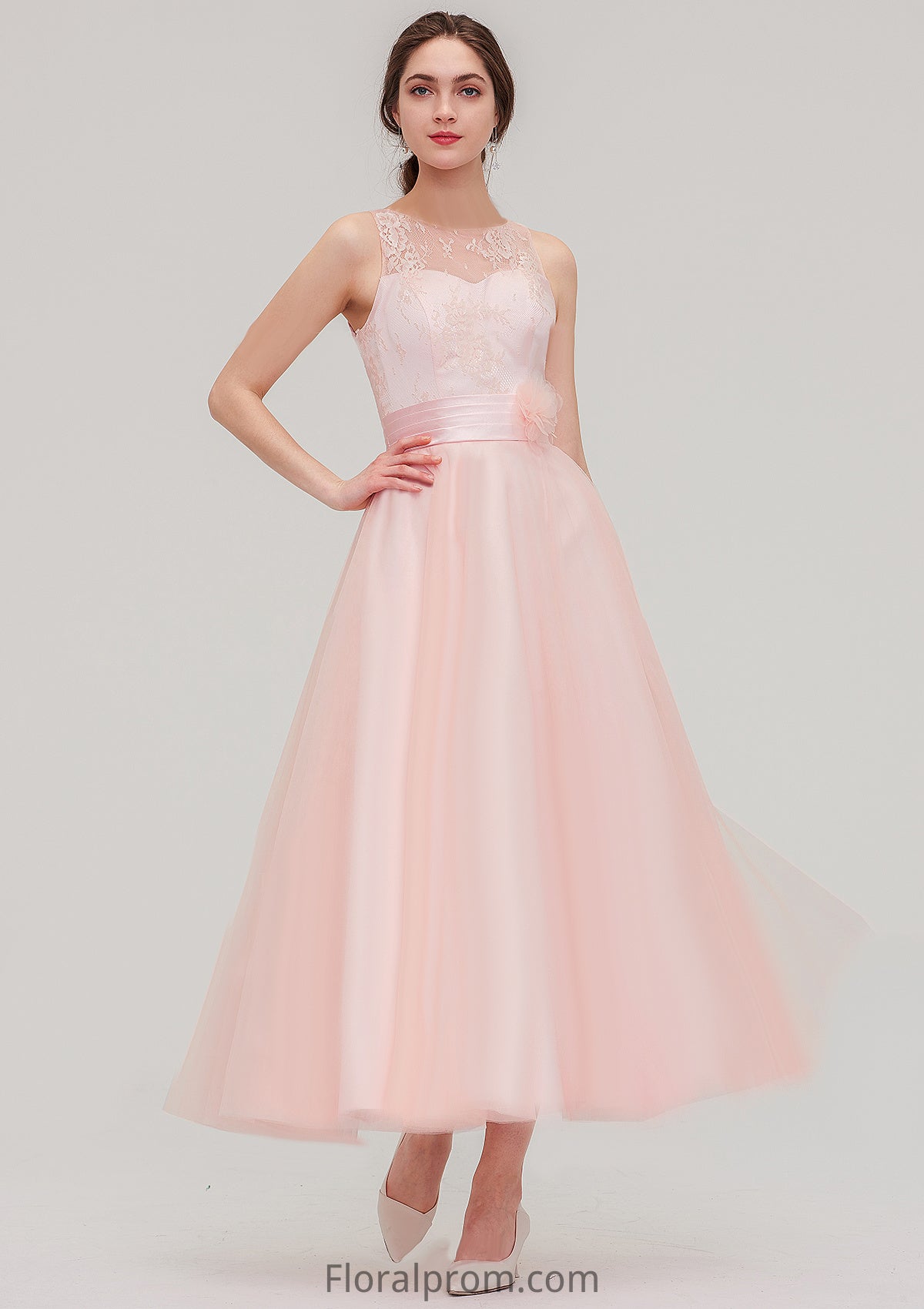 Tea-Length Sleeveless Bateau Tulle A-line/Princess Bridesmaid Dresses With Waistband Lace Finley HJP0025429