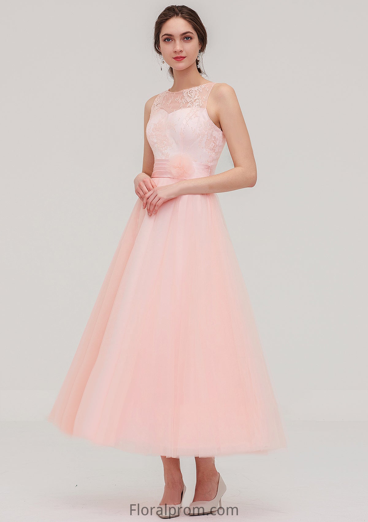 Tea-Length Sleeveless Bateau Tulle A-line/Princess Bridesmaid Dresses With Waistband Lace Finley HJP0025429