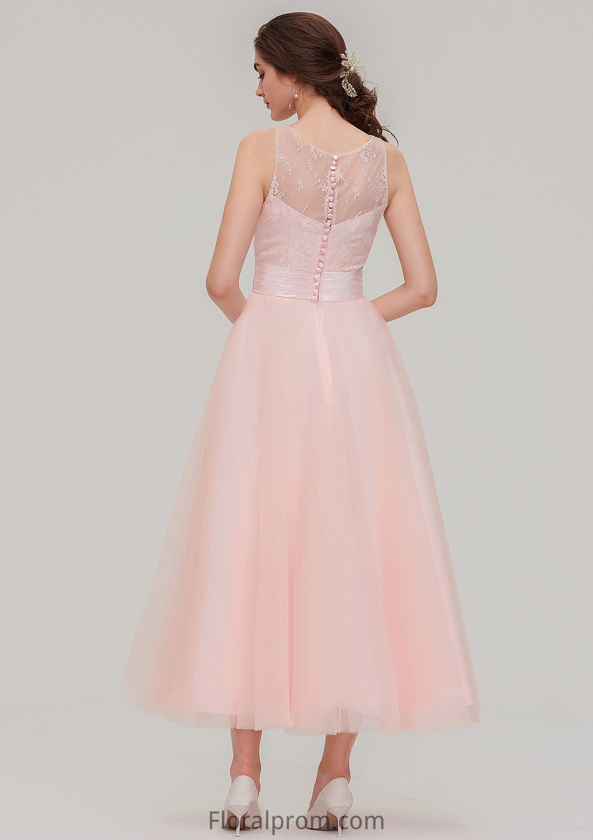 Tea-Length Sleeveless Bateau Tulle A-line/Princess Bridesmaid Dresses With Waistband Lace Finley HJP0025429