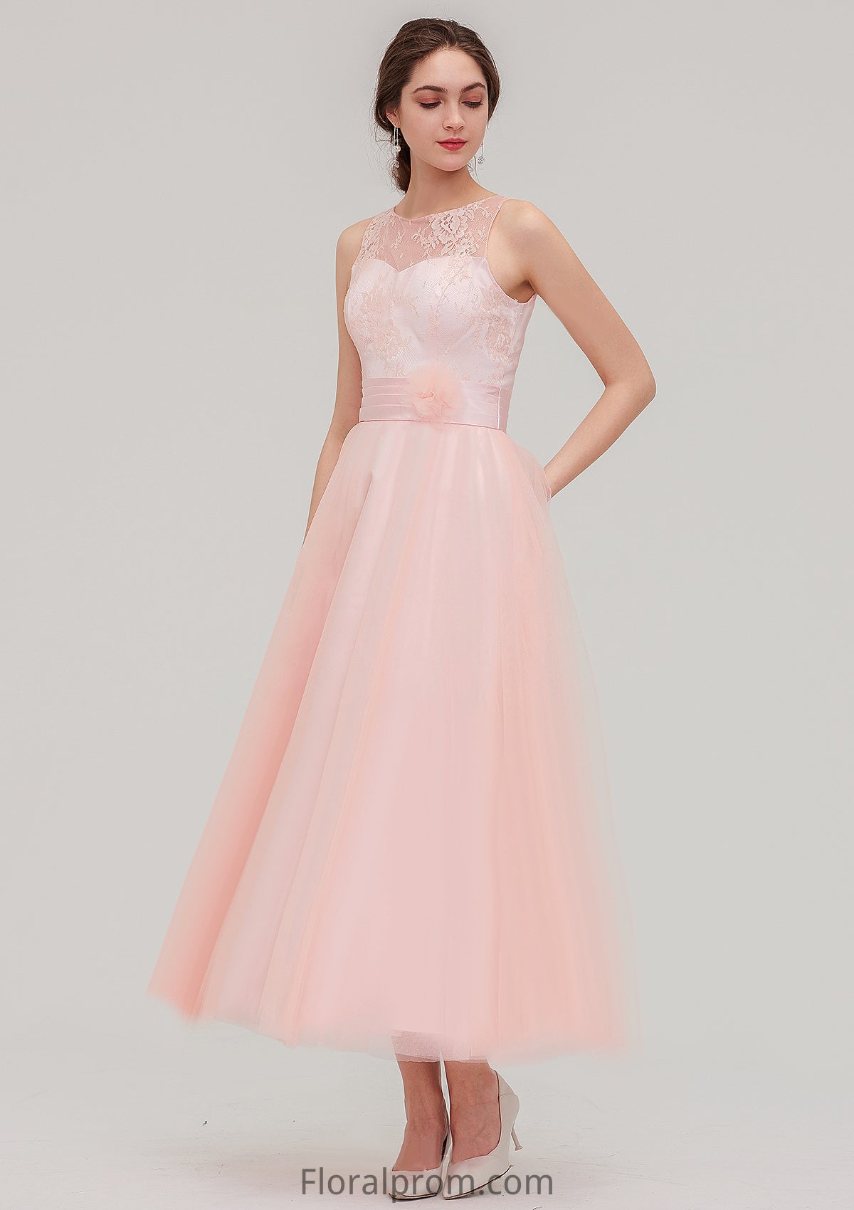 Tea-Length Sleeveless Bateau Tulle A-line/Princess Bridesmaid Dresses With Waistband Lace Finley HJP0025429