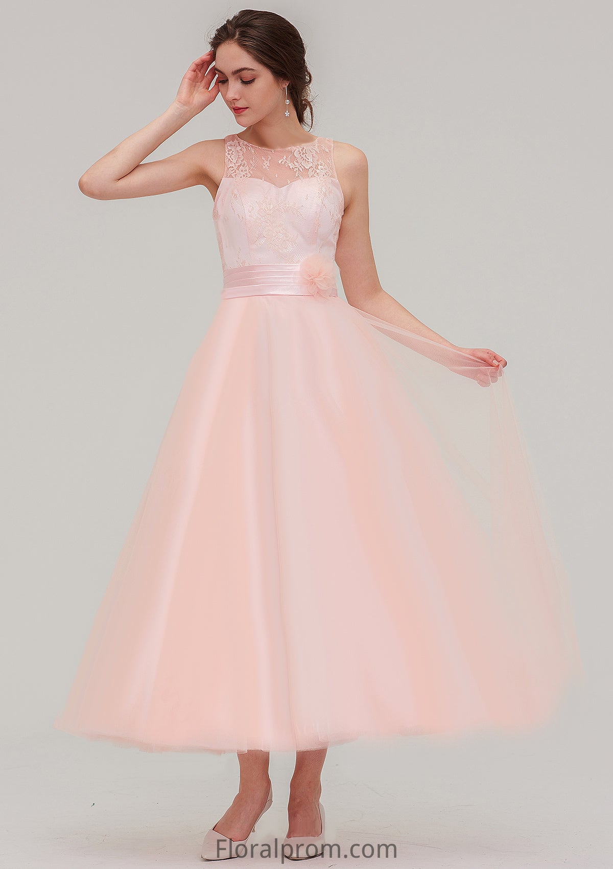 Tea-Length Sleeveless Bateau Tulle A-line/Princess Bridesmaid Dresses With Waistband Lace Finley HJP0025429