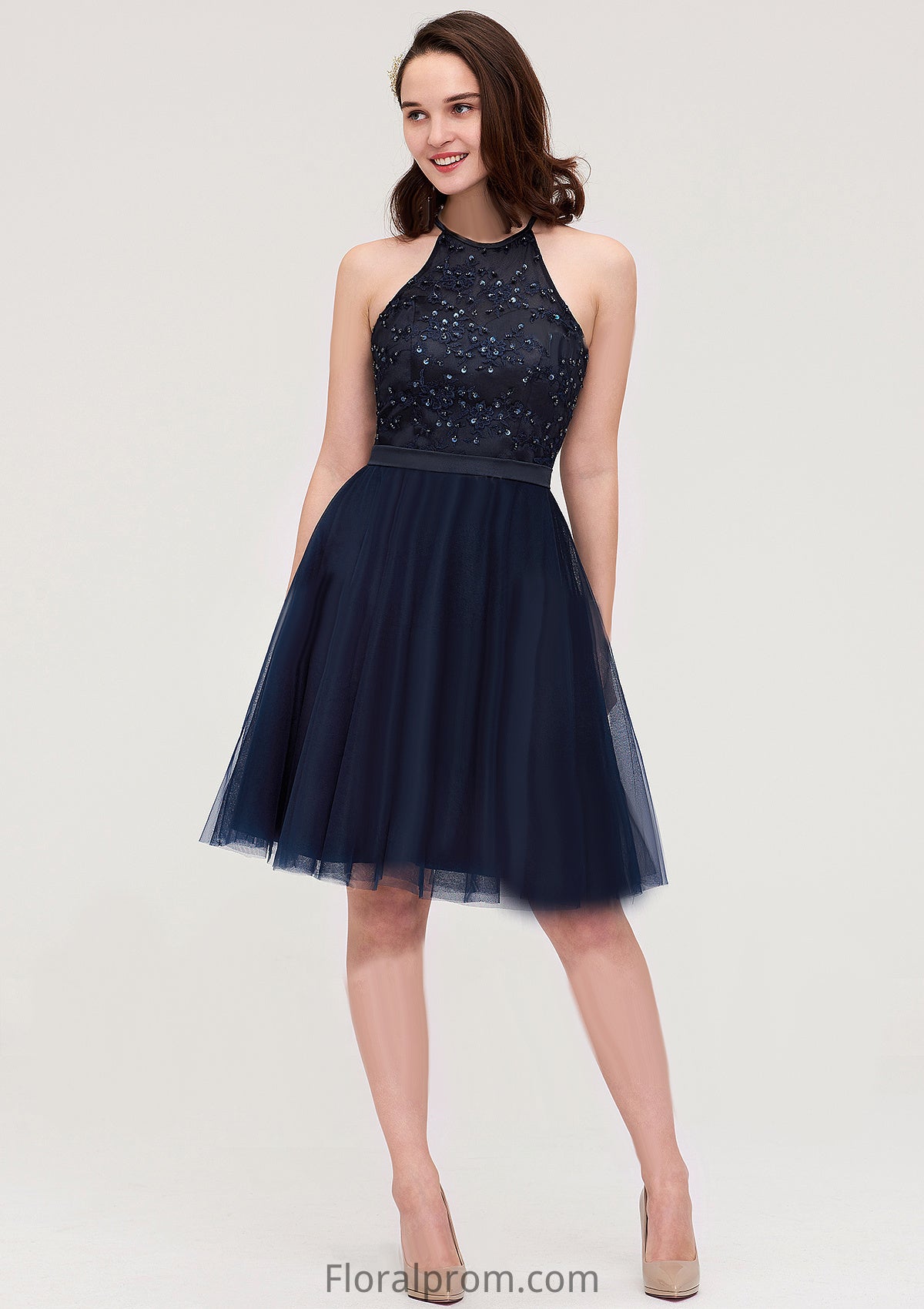 Sleeveless Halter Knee-Length Tulle A-line/Princess Bridesmaid Dresses With Sequins Appliqued Sashes Viola HJP0025430