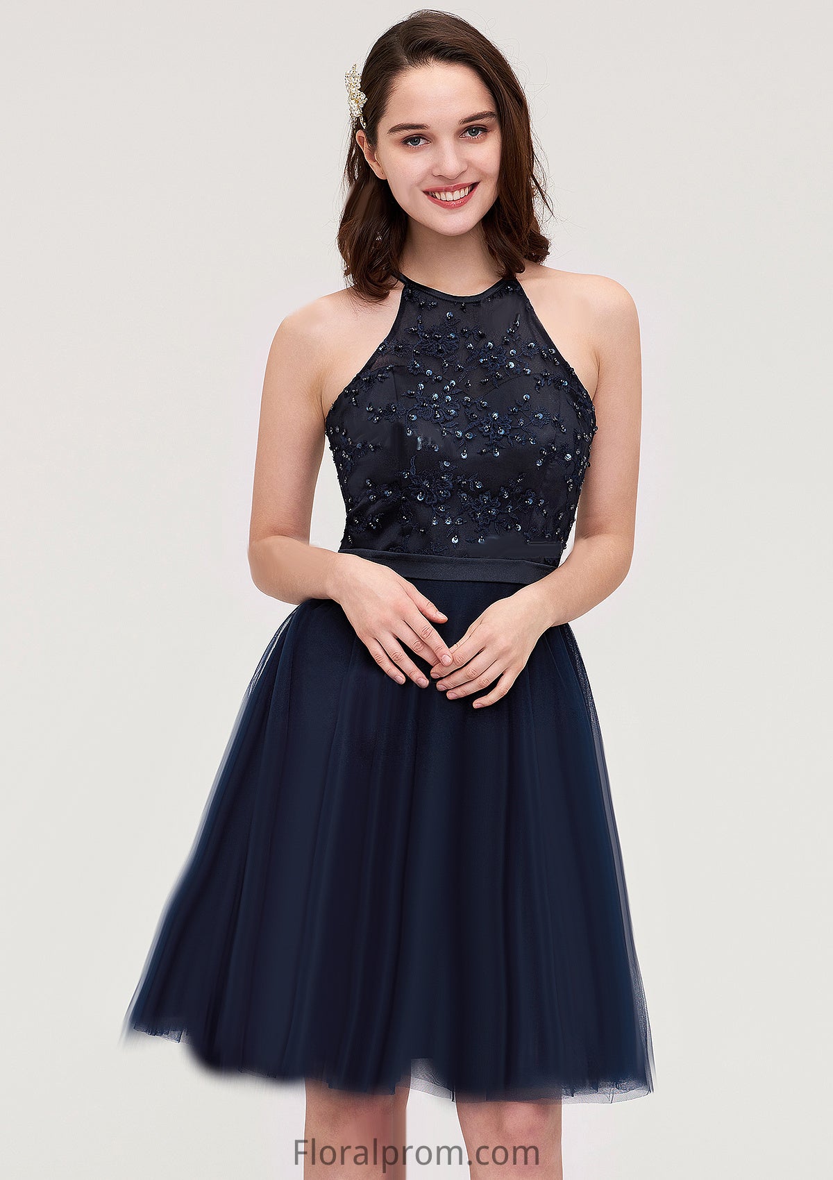 Sleeveless Halter Knee-Length Tulle A-line/Princess Bridesmaid Dresses With Sequins Appliqued Sashes Viola HJP0025430