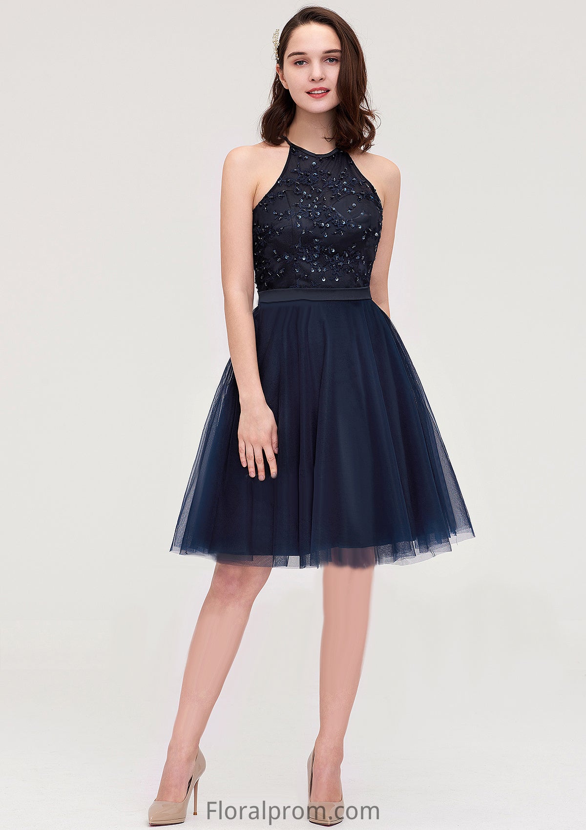 Sleeveless Halter Knee-Length Tulle A-line/Princess Bridesmaid Dresses With Sequins Appliqued Sashes Viola HJP0025430