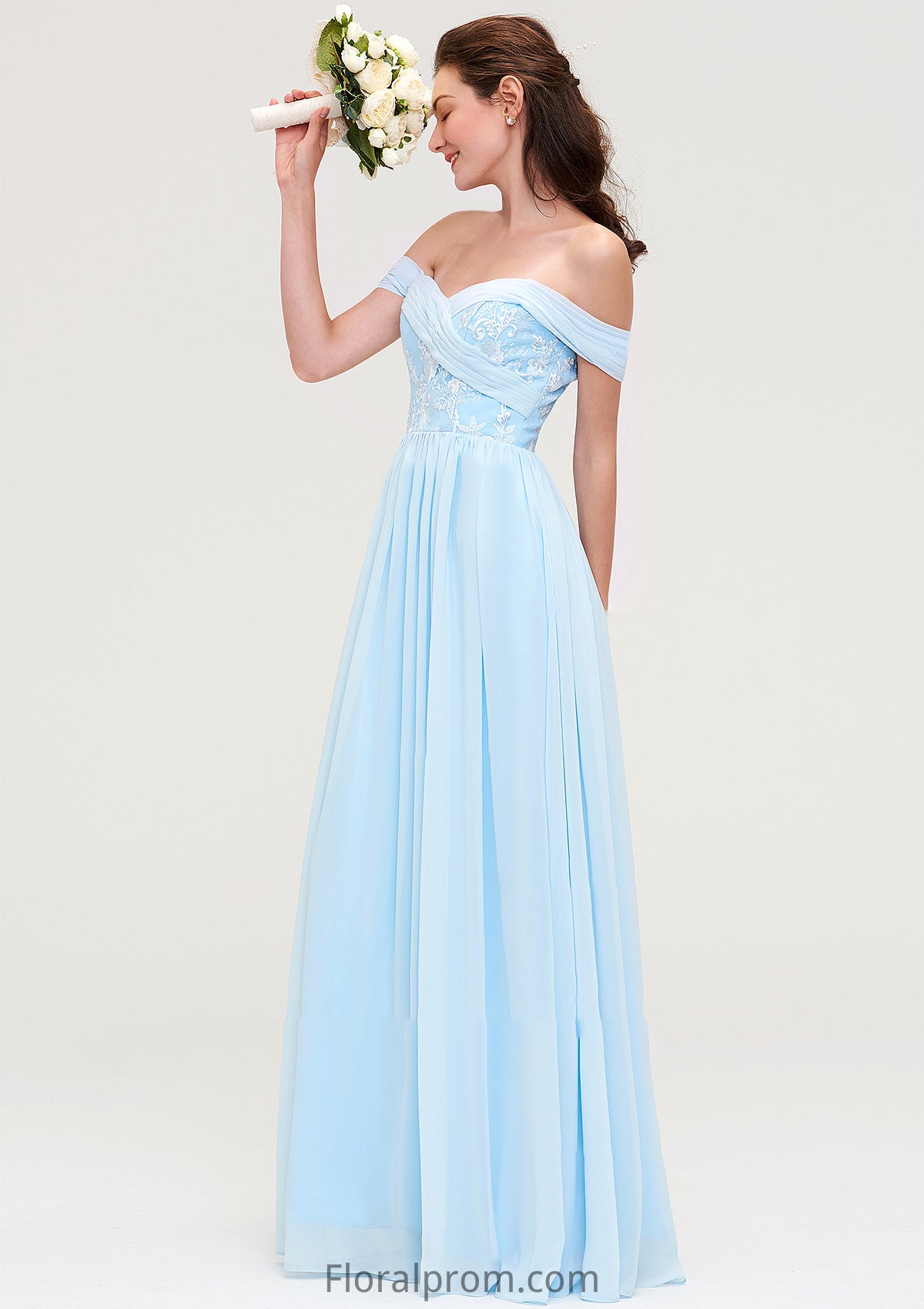 Off-the-Shoulder Sleeveless Chiffon A-line/Princess Long/Floor-Length Bridesmaid Dresseses With Pleated Appliqued Kenzie HJP0025431