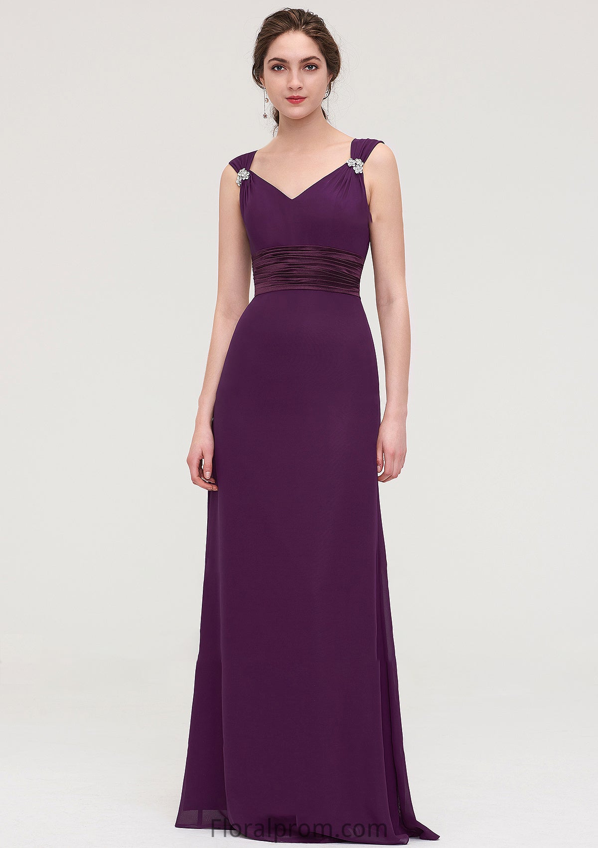 Sleeveless V Neck Long/Floor-Length Sheath/Column Chiffon Bridesmaid Dresses With Sashes Beading Pleated Carly HJP0025432