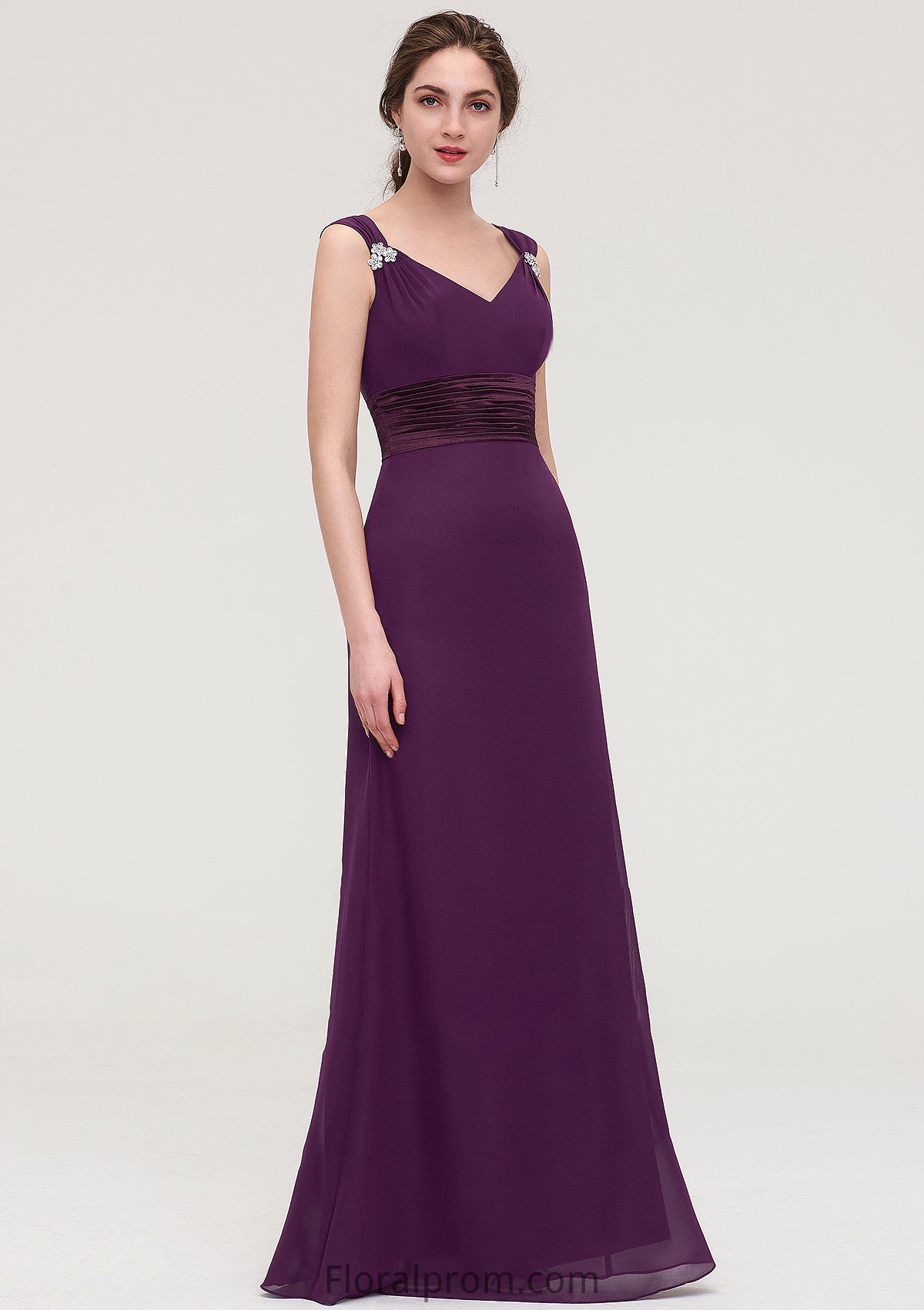 Sleeveless V Neck Long/Floor-Length Sheath/Column Chiffon Bridesmaid Dresses With Sashes Beading Pleated Carly HJP0025432