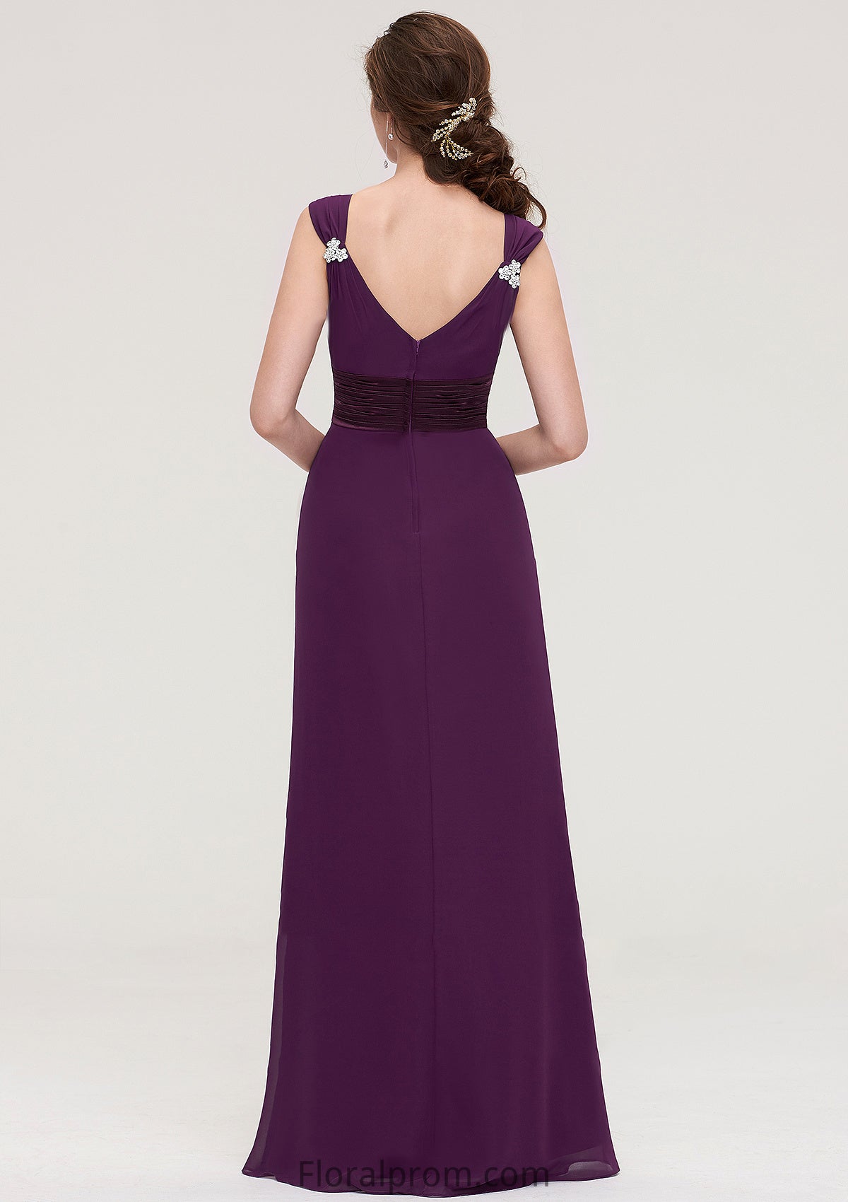 Sleeveless V Neck Long/Floor-Length Sheath/Column Chiffon Bridesmaid Dresses With Sashes Beading Pleated Carly HJP0025432