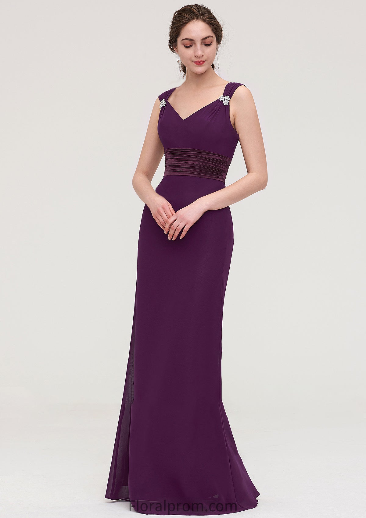 Sleeveless V Neck Long/Floor-Length Sheath/Column Chiffon Bridesmaid Dresses With Sashes Beading Pleated Carly HJP0025432