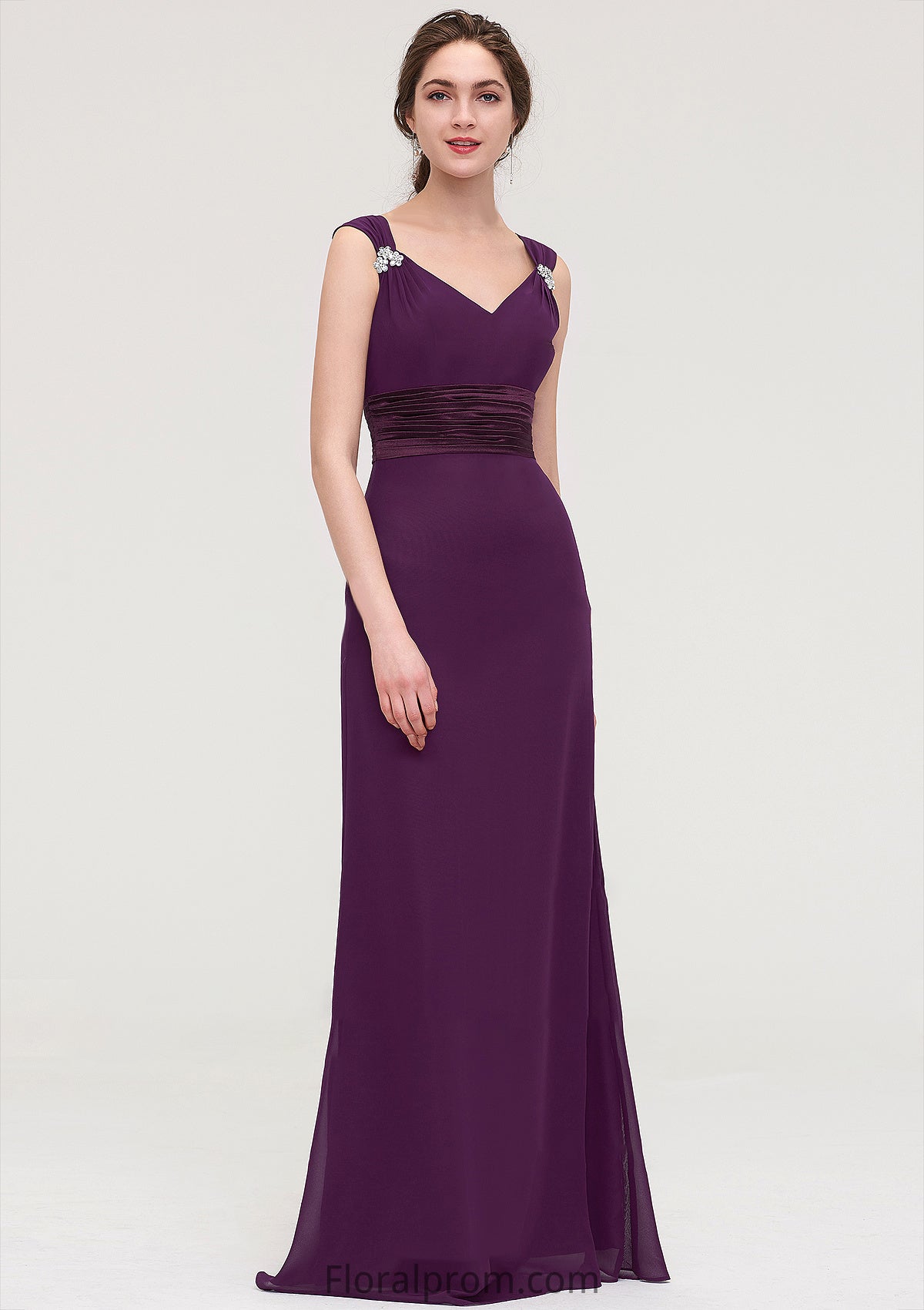 Sleeveless V Neck Long/Floor-Length Sheath/Column Chiffon Bridesmaid Dresses With Sashes Beading Pleated Carly HJP0025432