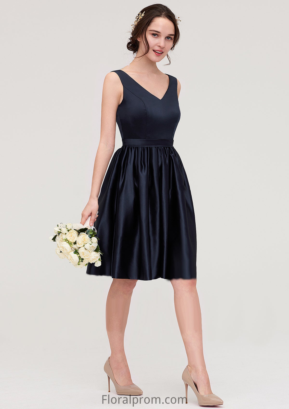 V Neck Sleeveless A-line/Princess Knee-Length Satin Bridesmaid Dresses With Pleated Sophronia HJP0025433