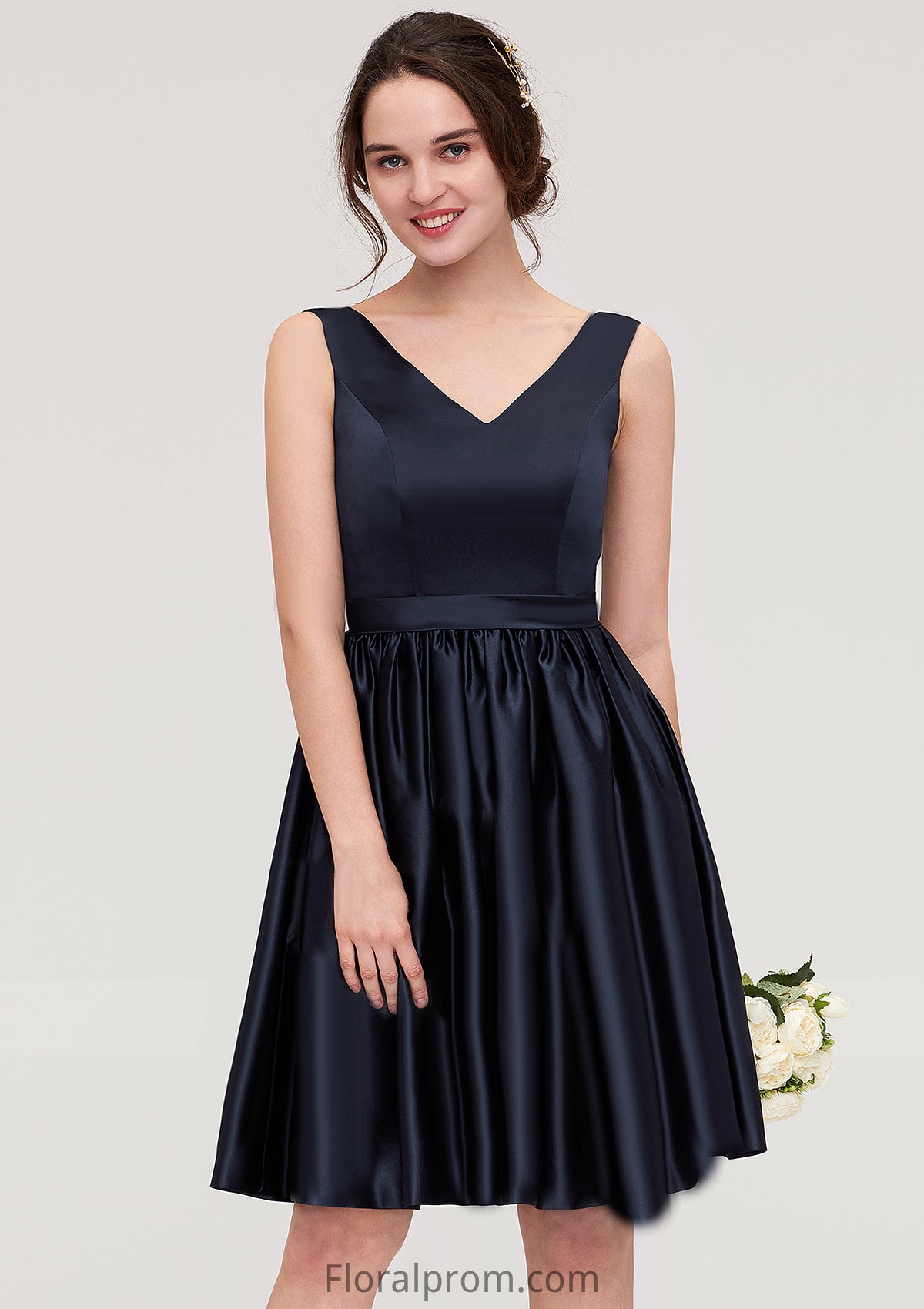 V Neck Sleeveless A-line/Princess Knee-Length Satin Bridesmaid Dresses With Pleated Sophronia HJP0025433