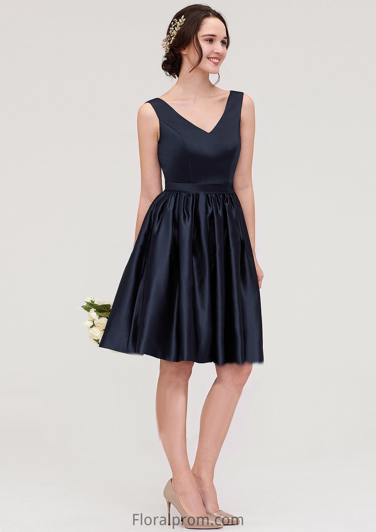 V Neck Sleeveless A-line/Princess Knee-Length Satin Bridesmaid Dresses With Pleated Sophronia HJP0025433