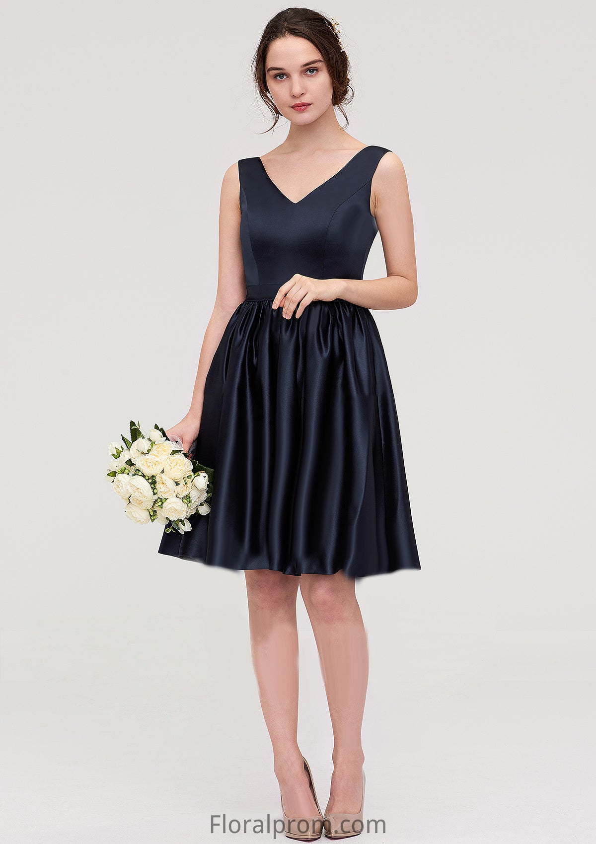 V Neck Sleeveless A-line/Princess Knee-Length Satin Bridesmaid Dresses With Pleated Sophronia HJP0025433