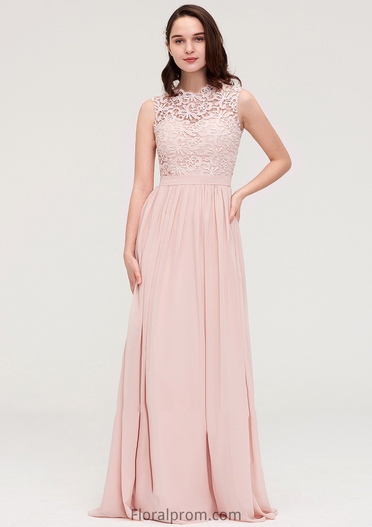 Sleeveless Scalloped Neck Long/Floor-Length Chiffon A-line/Princess Bridesmaid Dresses With Lace Ashlynn HJP0025434