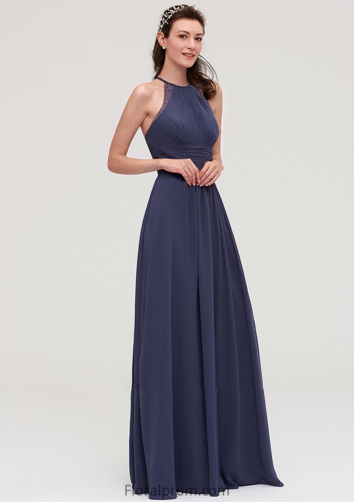 Scoop Neck Sleeveless A-line/Princess Chiffon Long/Floor-Length Bridesmaid Dresseses With Pleated Appliqued Frida HJP0025439