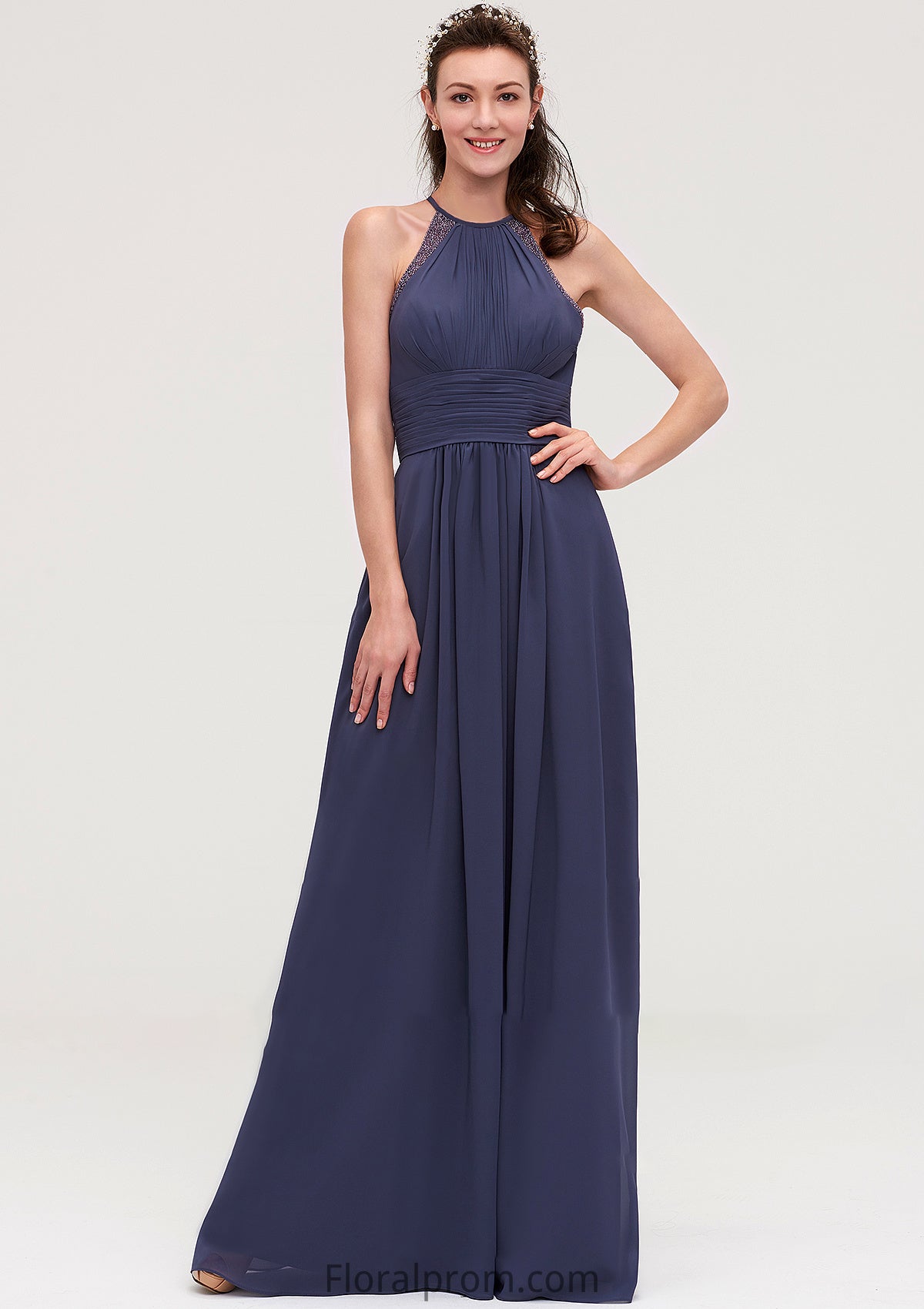 Scoop Neck Sleeveless A-line/Princess Chiffon Long/Floor-Length Bridesmaid Dresseses With Pleated Appliqued Frida HJP0025439