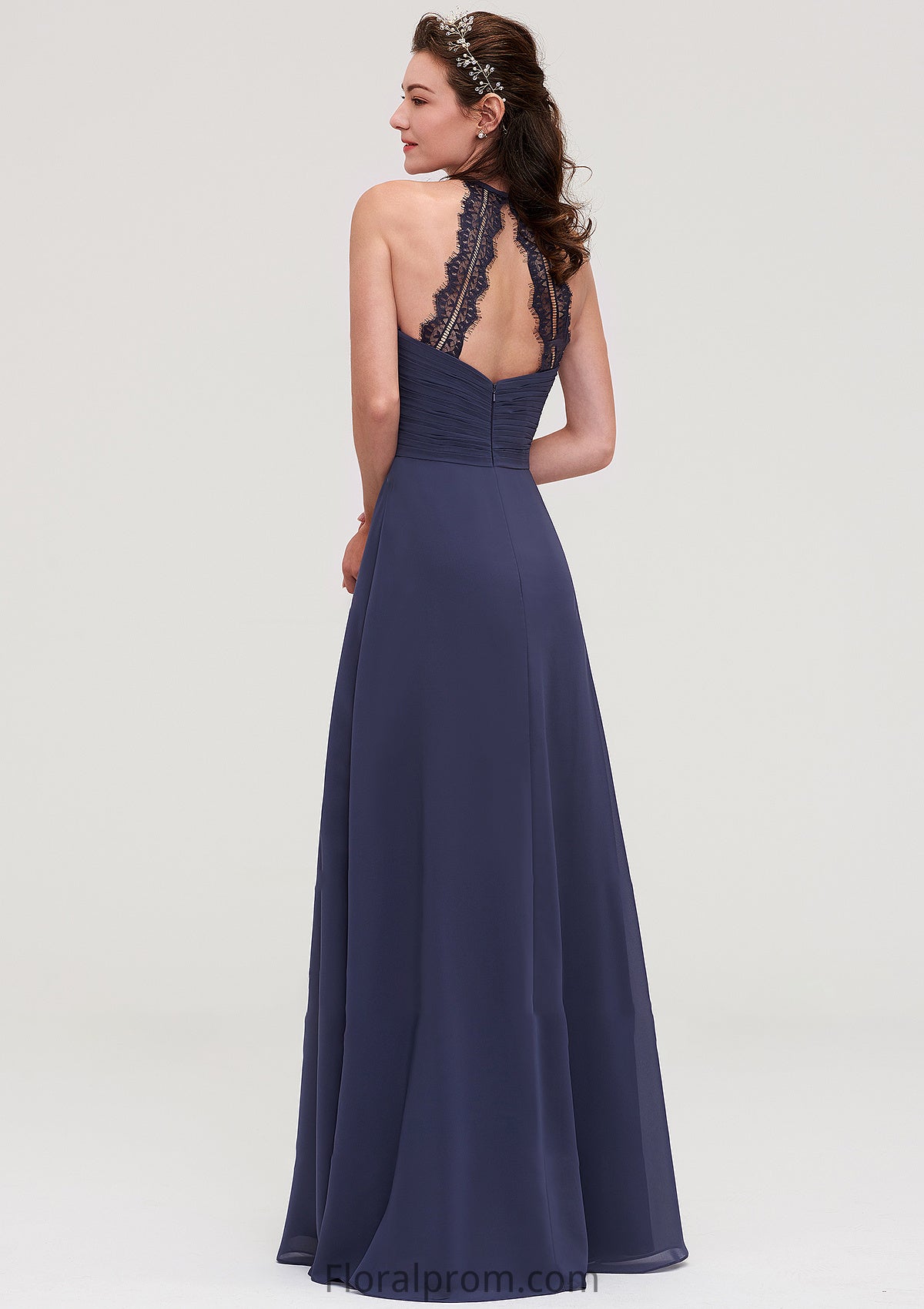 Scoop Neck Sleeveless A-line/Princess Chiffon Long/Floor-Length Bridesmaid Dresseses With Pleated Appliqued Frida HJP0025439