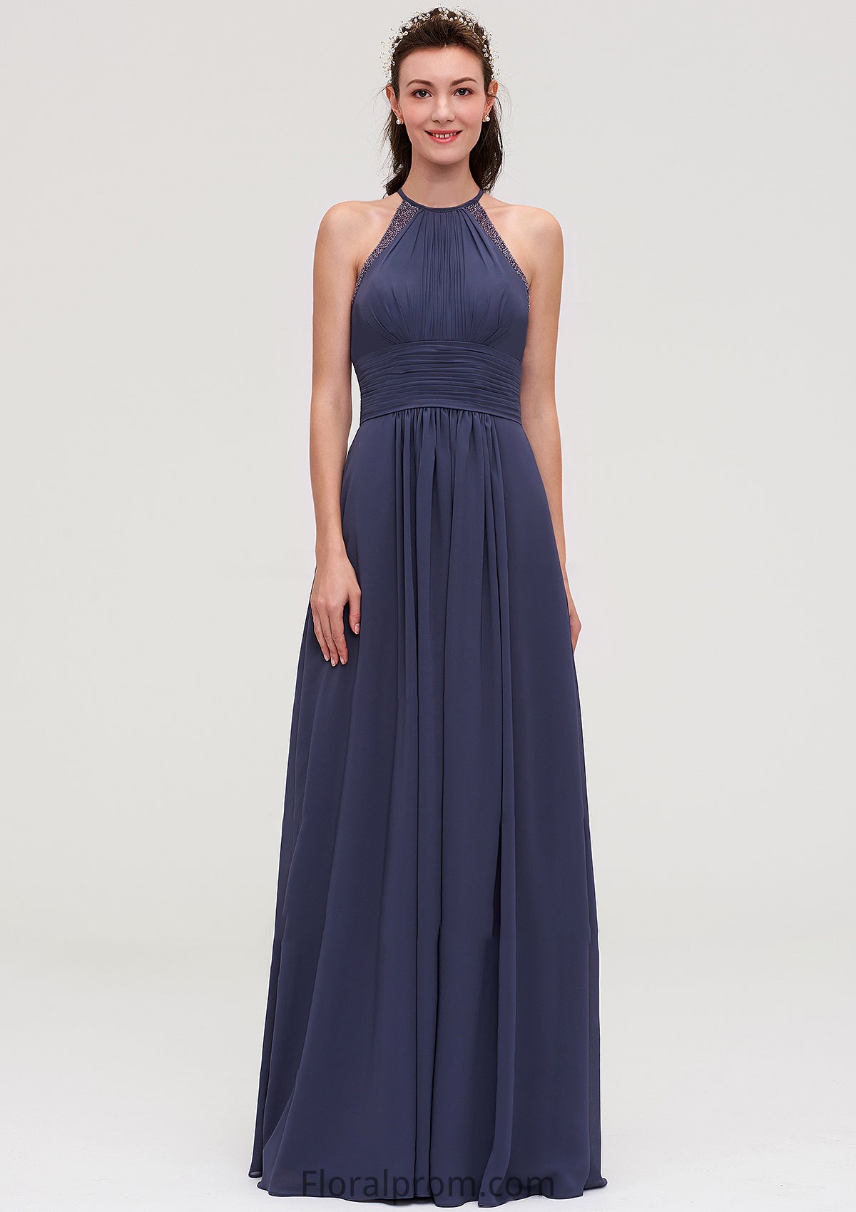 Scoop Neck Sleeveless A-line/Princess Chiffon Long/Floor-Length Bridesmaid Dresseses With Pleated Appliqued Frida HJP0025439