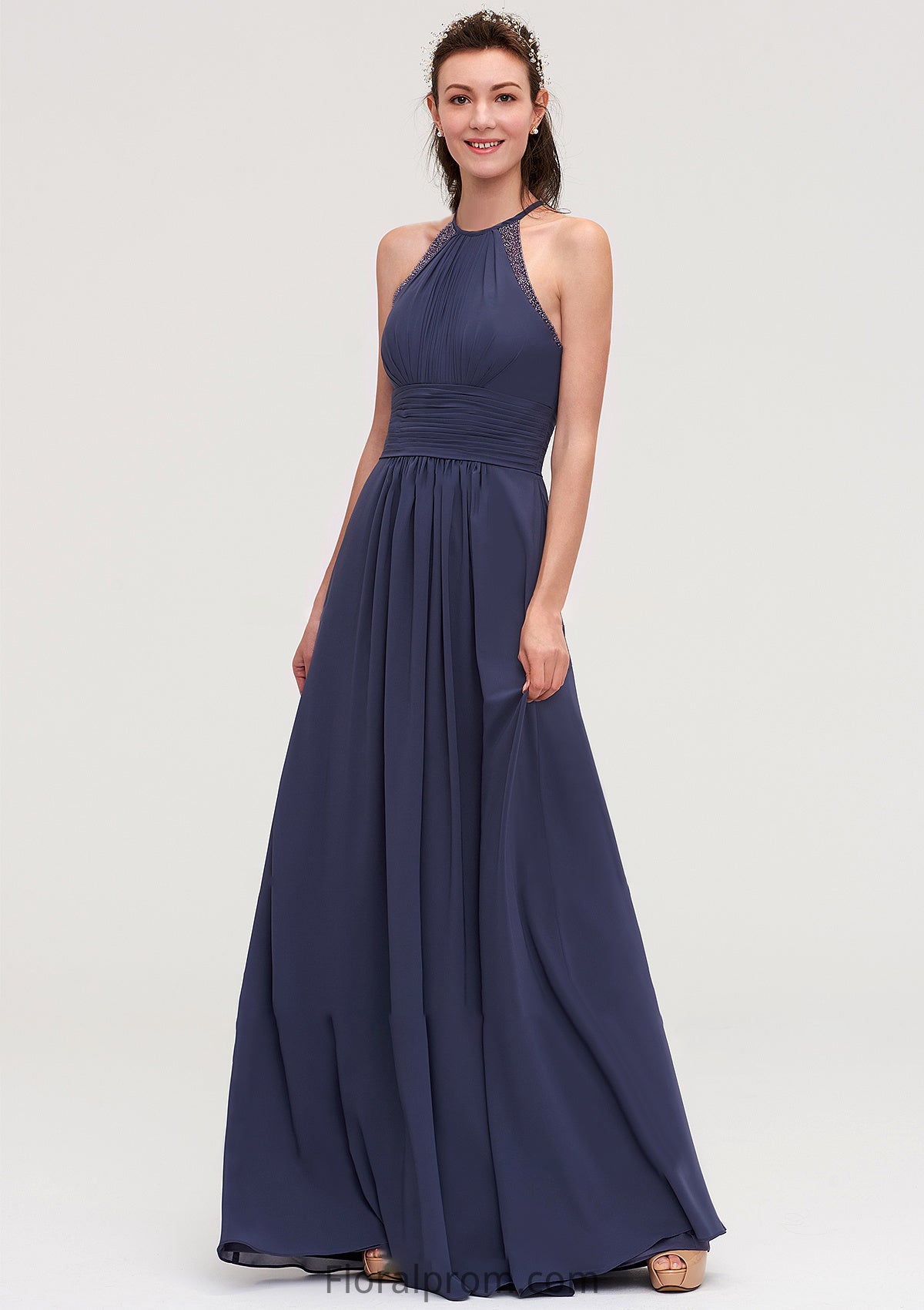 Scoop Neck Sleeveless A-line/Princess Chiffon Long/Floor-Length Bridesmaid Dresseses With Pleated Appliqued Frida HJP0025439