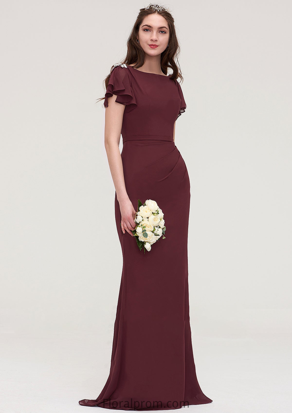 Short Sleeve Bateau Long/Floor-Length Sheath/Column Chiffon Bridesmaid Dresses With Crystal Detailing Sashes Amaya HJP0025440