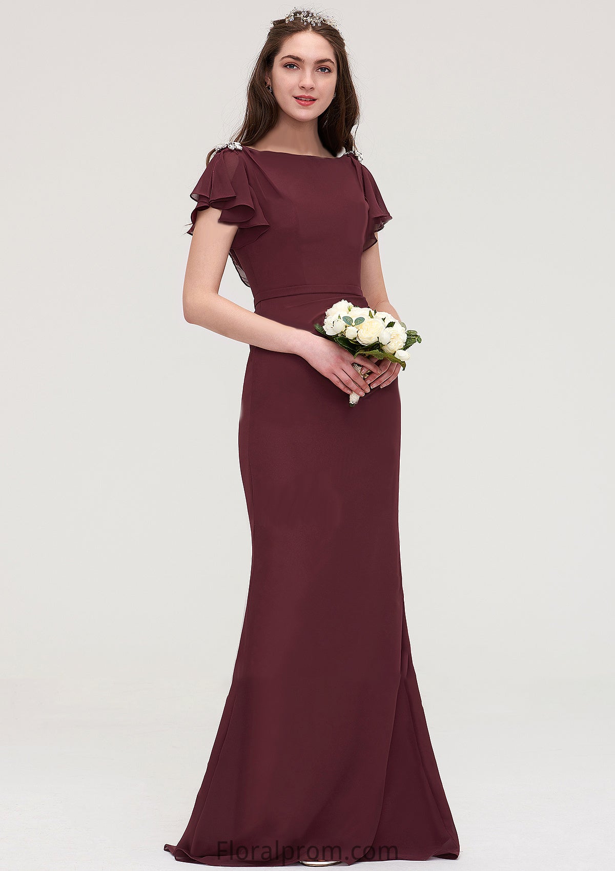 Short Sleeve Bateau Long/Floor-Length Sheath/Column Chiffon Bridesmaid Dresses With Crystal Detailing Sashes Amaya HJP0025440