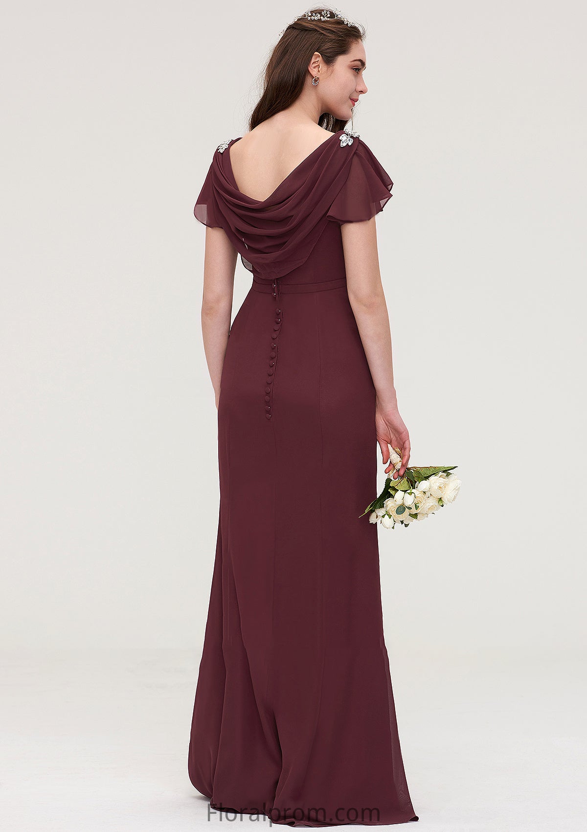 Short Sleeve Bateau Long/Floor-Length Sheath/Column Chiffon Bridesmaid Dresses With Crystal Detailing Sashes Amaya HJP0025440