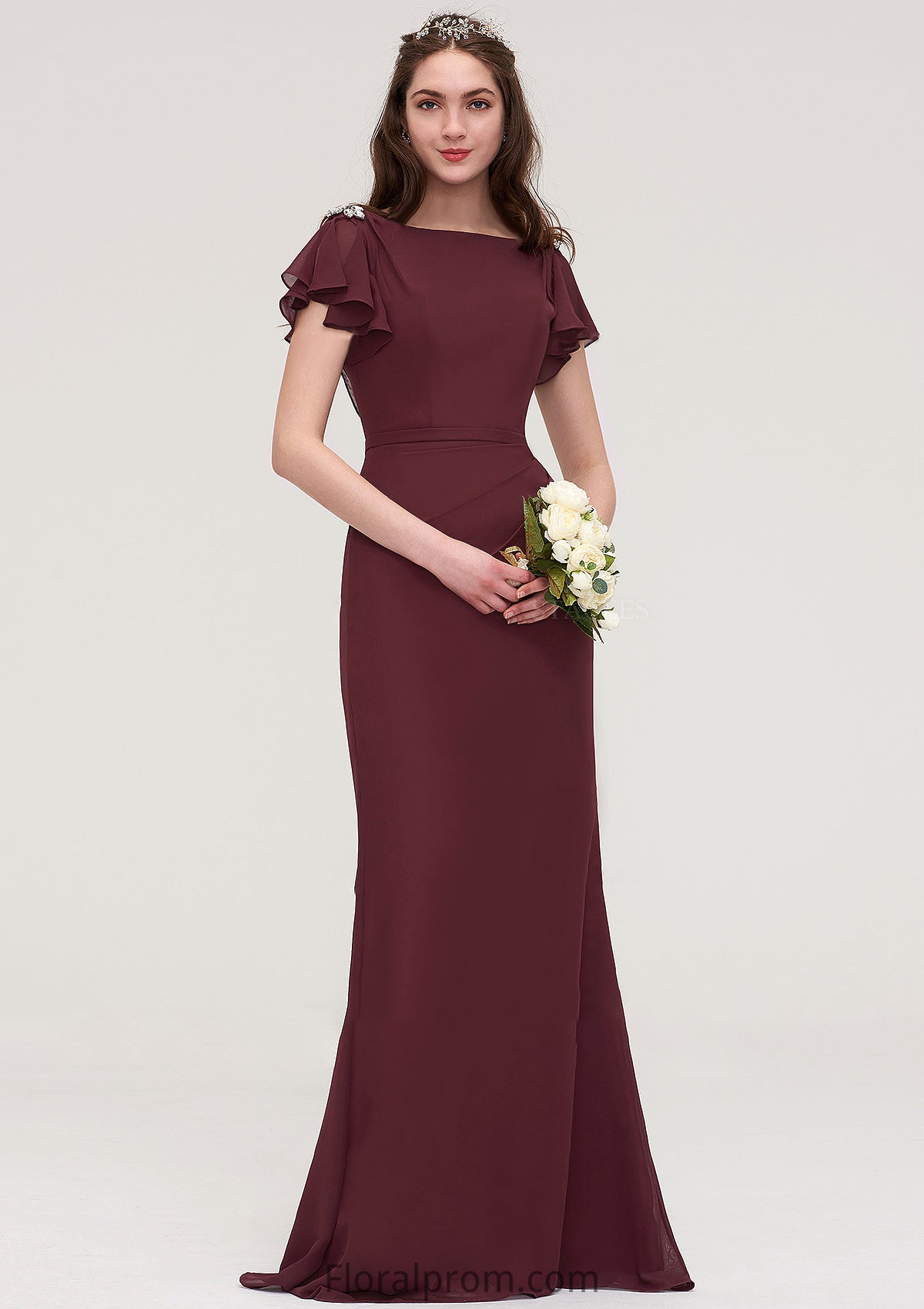 Short Sleeve Bateau Long/Floor-Length Sheath/Column Chiffon Bridesmaid Dresses With Crystal Detailing Sashes Amaya HJP0025440